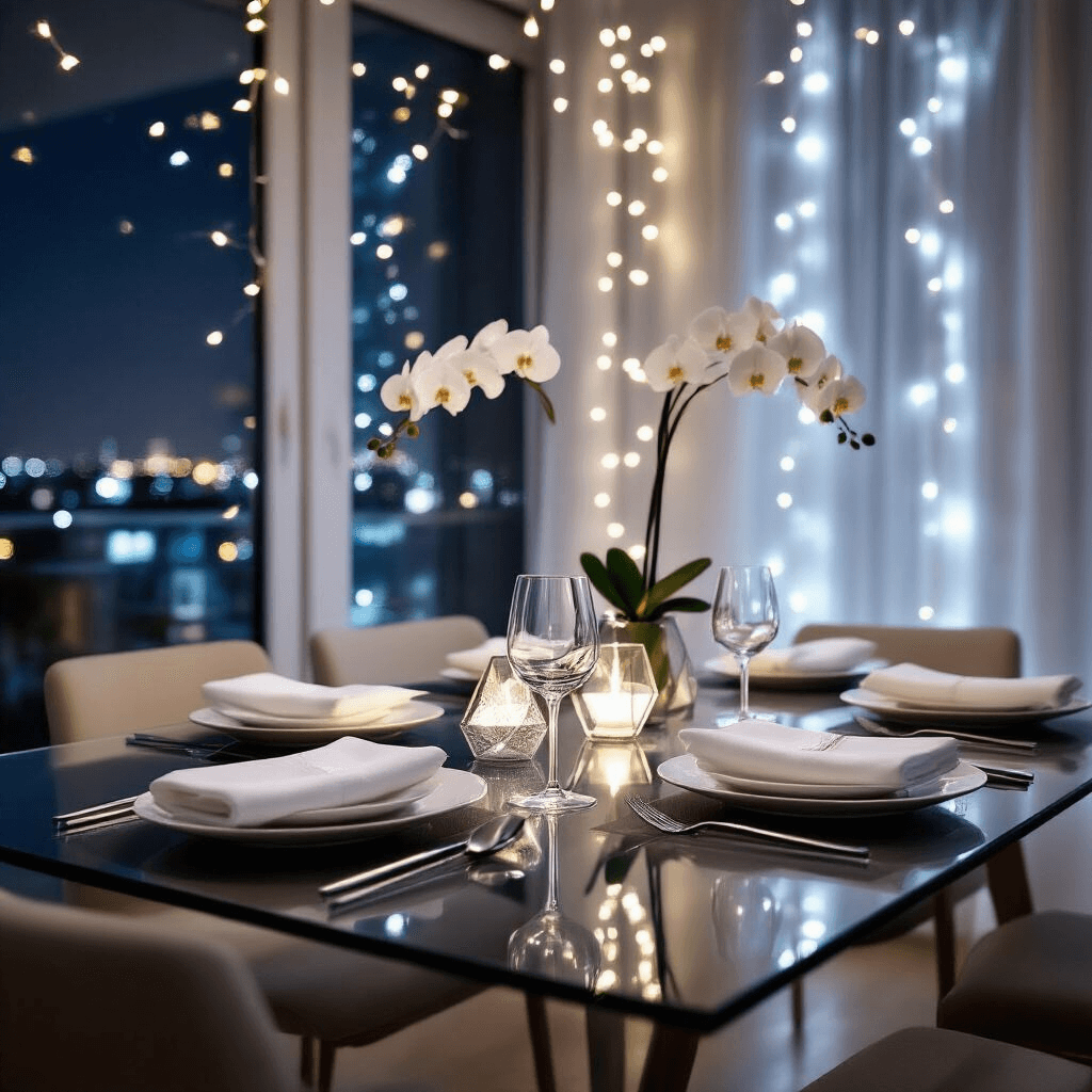 The Complete Guide to Perfect Place Settings That Will Transform Your Dining Experience Cinematic view of a modern dining space featuring a sleek glass table with minimalist place settings, overhead fairy lights, and geometric vases with white orchids, set against a backdrop of city lights.