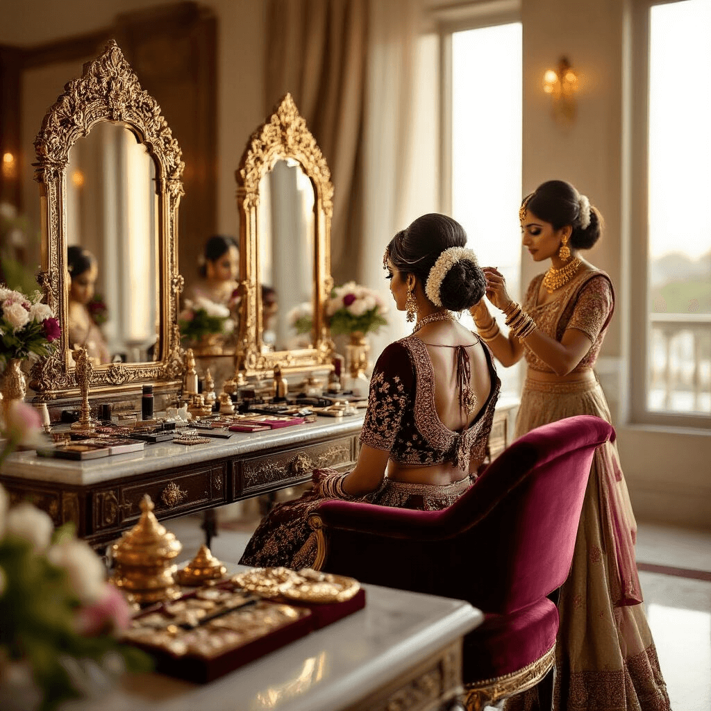 Indian Wedding Hairstyles: Transform Your Bridal Look with Traditional Elegance and Modern Glamour Photorealistic wide-angle shot of an elegant hotel ballroom during golden hour, featuring a traditional Indian bridal hair styling station with ornate marble vanity, gilt mirrors, and a bride sitting in a plush velvet chair as stylists create a low bun with fresh jasmine. Scattered jewelry includes kundan maang tikkas and pearl-studded combs. The rich burgundy, cream, and emerald green color palette is complemented by vintage styling tools and luxury hair products, all illuminated by soft, warm lighting.