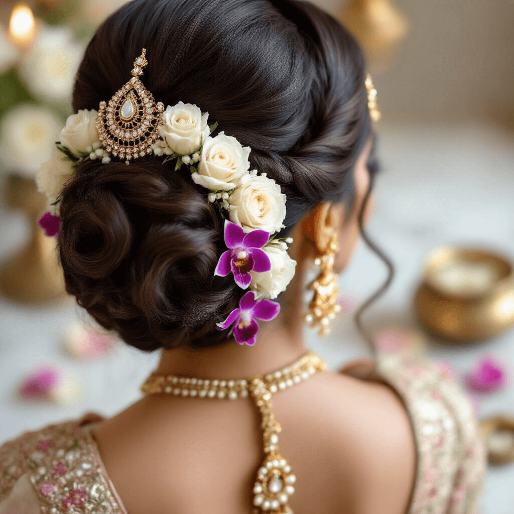 Indian Wedding Hairstyles: Transform Your Bridal Look with Traditional Elegance and Modern Glamour Close-up of a bridal updo featuring a classic embellished bun adorned with white roses, jasmine, and purple orchids, set against a luxurious marble vanity with traditional accessories, illuminated by soft morning light.