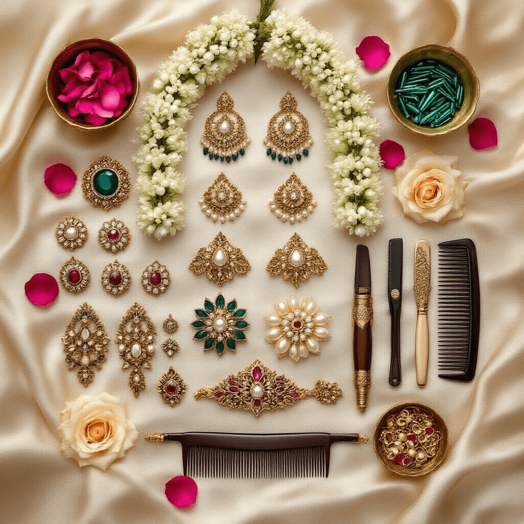 Indian Wedding Hairstyles: Transform Your Bridal Look with Traditional Elegance and Modern Glamour Overhead view of a bridal hair preparation setup on rich silk fabric, featuring traditional Indian hair accessories like maang tikkas, hair vines, gajra garlands, ornate combs, and styling tools, arranged symmetrically with scattered rose petals and vintage brass bowls containing bobby pins and hair elastics, all in a vibrant jewel tone color palette.