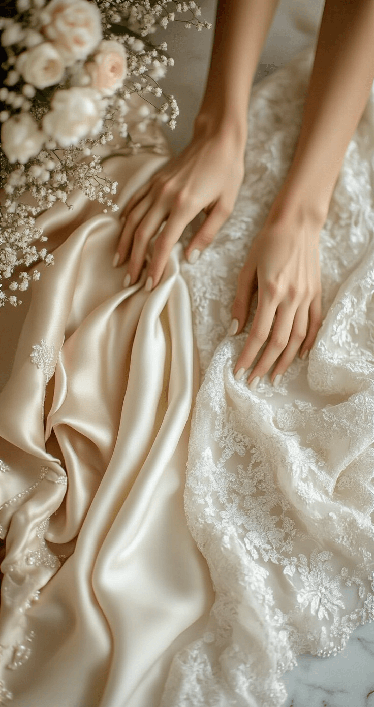 Sheath Wedding Dress: The Effortlessly Elegant Choice That Flatters Every Body Type Close-up shot of luxury wedding dress fabrics including silk charmeuse, crepe, and lace on a marble surface, illuminated by golden hour light. Hands are gently touching the fabrics, showcasing textures, with soft beading and embroidery visible, in a neutral and ivory color palette.
