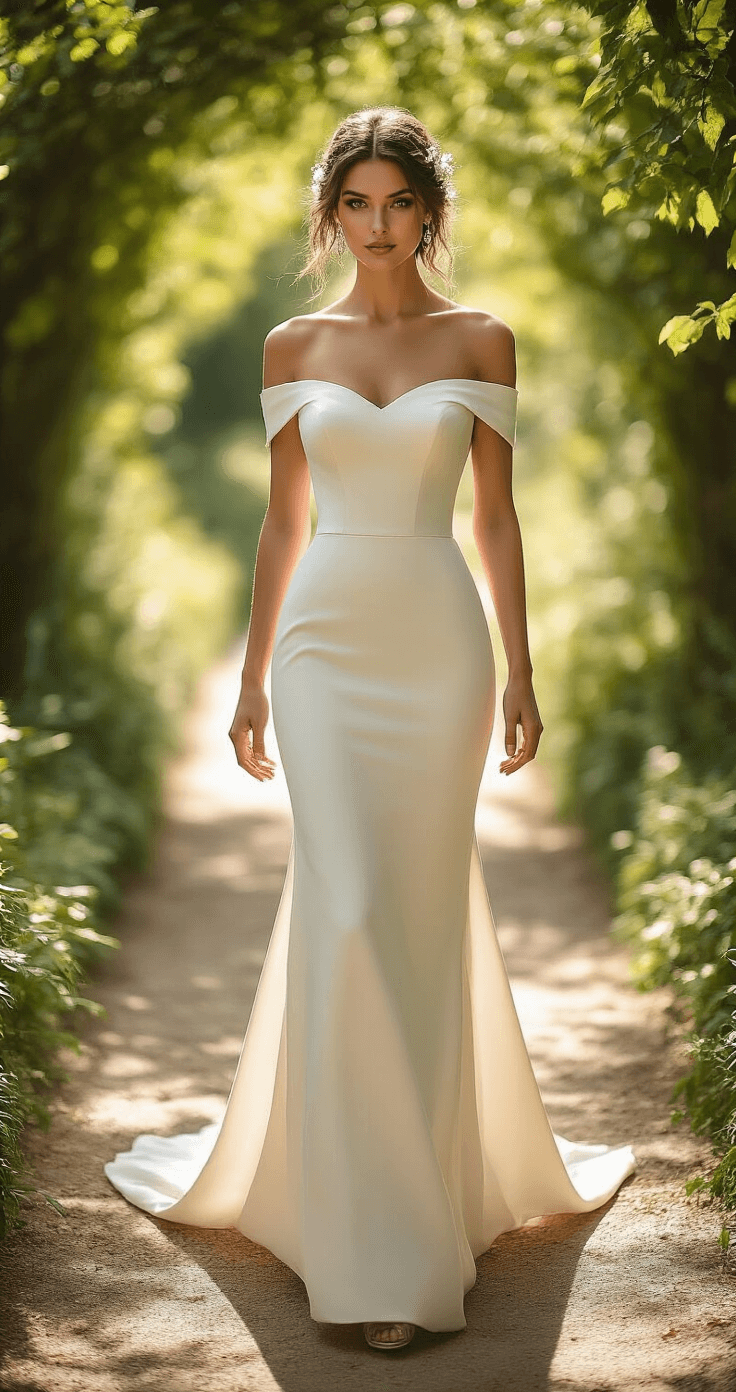 Sheath Wedding Dress: The Effortlessly Elegant Choice That Flatters Every Body Type Elegant bride in an off-shoulder sheath wedding dress walks through a sun-lit garden, with dappled light creating a romantic atmosphere. The dress flows gracefully, highlighting its column silhouette, complemented by delicate hair flowers and minimal jewelry. The soft green and ivory color palette enhances the natural outdoor tones.