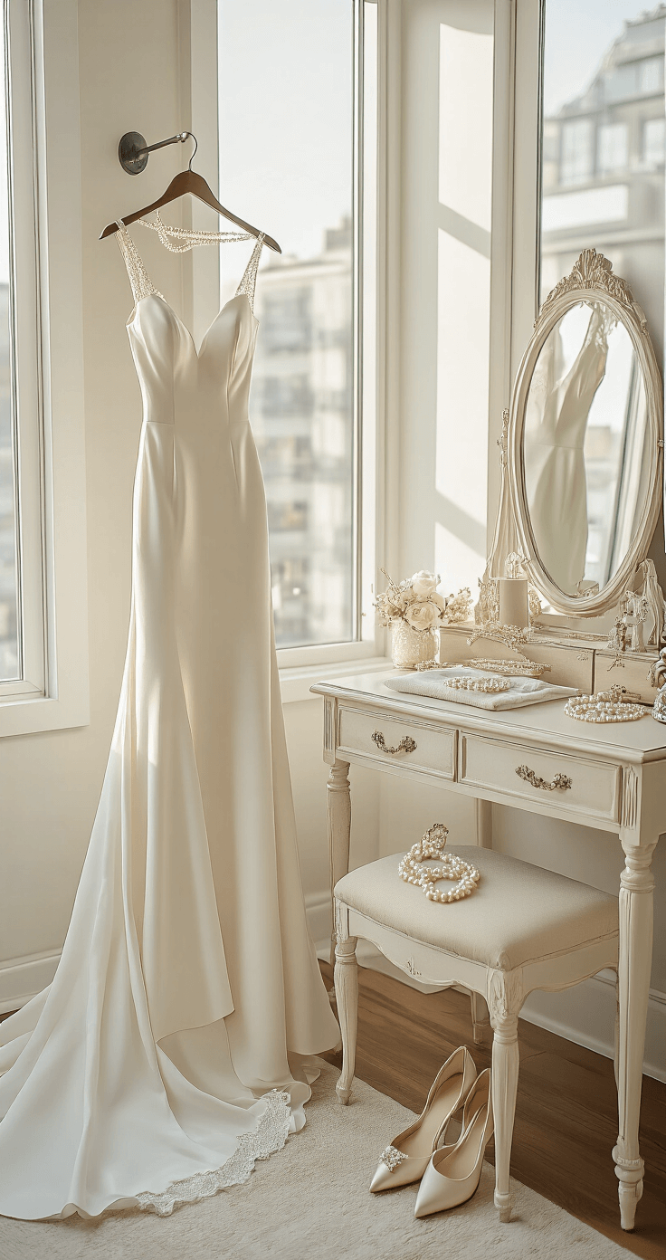 Sheath Wedding Dress: The Effortlessly Elegant Choice That Flatters Every Body Type Sophisticated bridal styling setup featuring a perfectly pressed sheath wedding dress, coordinated accessories, pearl necklaces, delicate bracelets, and comfortable bridal shoes arranged on a vintage vanity, illuminated by soft morning light in a modern apartment bedroom.