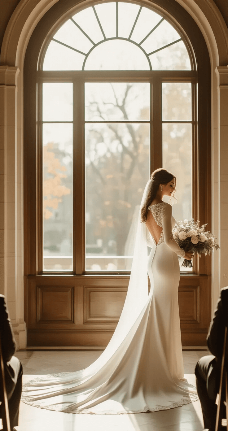 Sheath Wedding Dress: The Effortlessly Elegant Choice That Flatters Every Body Type Bride in a long-sleeved sheath dress with an illusion neckline, preparing for an intimate courthouse ceremony, bathed in warm afternoon light. The photo captures elegant dress details, the keyhole back, and emotional moments, complemented by a simple bouquet and minimal jewelry against a classic black, white, and ivory backdrop.