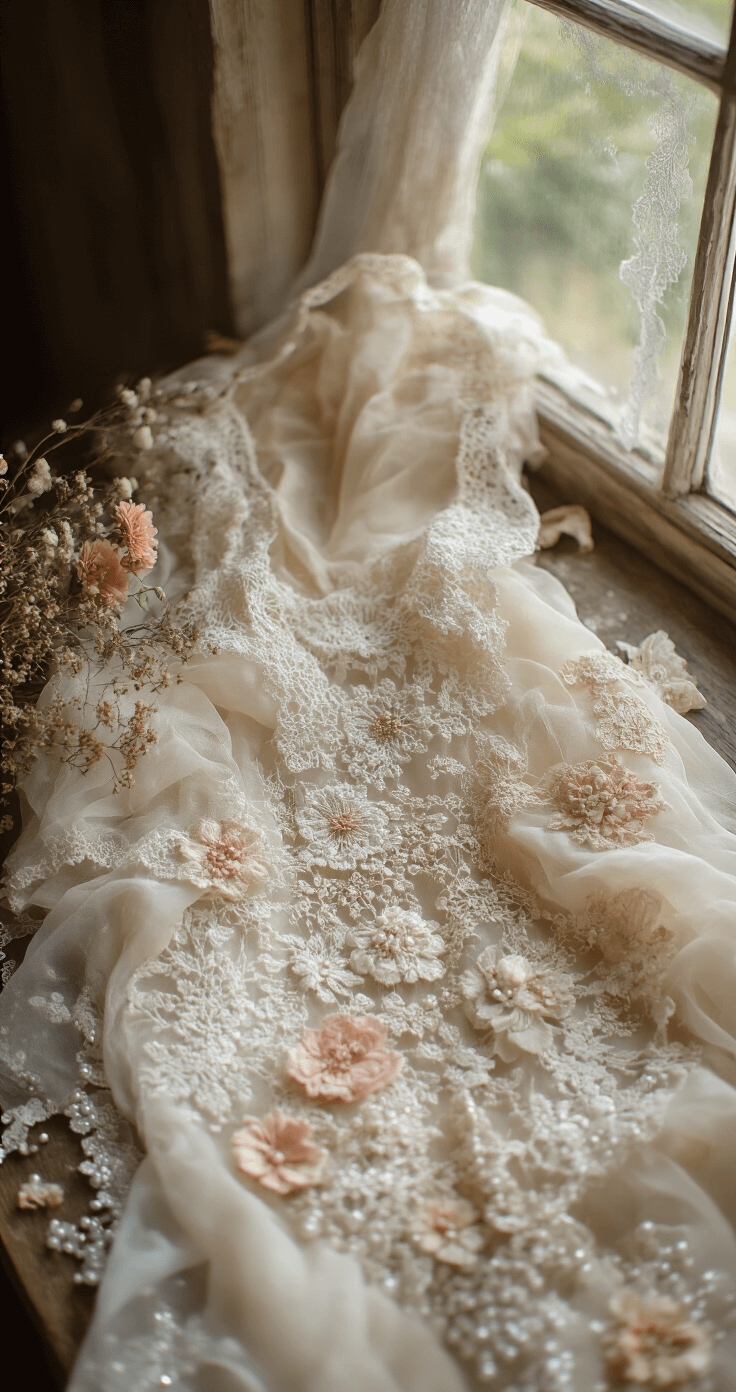 Boho Wedding Dresses: Free-Spirited Bridal Beauty Close-up detail of boho wedding dress fabrics on a vintage wooden table, showcasing lace, tulle, and embroidered motifs in an ivory and blush palette, with natural light enhancing delicate beading and surrounded by dried flowers and vintage pearls.