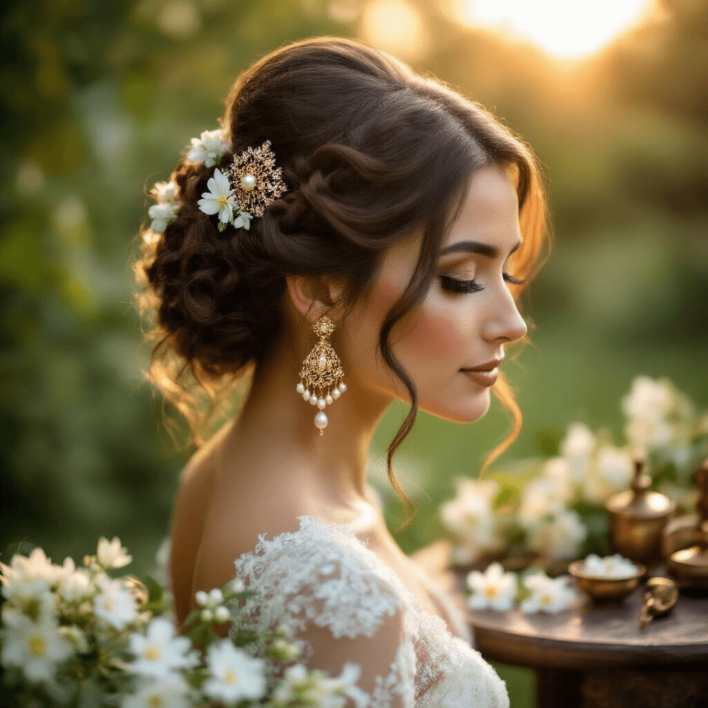Indian Wedding Hairstyles: Transform Your Bridal Look with Traditional Elegance and Modern Glamour Intimate close-up of a bride's half-up hairstyle adorned with a kundan comb and jasmine flowers, set in a sunlit garden with a blurred green background, showcasing romantic bridal elegance.