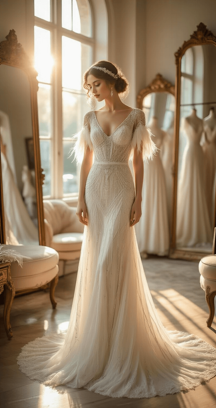 A bride in an elegant bridal boutique during golden hour, trying on a 1920s drop-waist wedding dress with geometric art deco beading and feather-trimmed sleeves, illuminated by soft natural light streaming through tall windows. The intimate scene captures the intricate details of the dress and the bride's joy during the fitting.