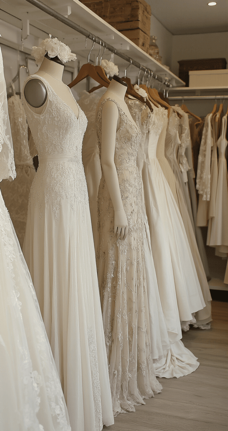 Documentary-style bridal shopping scene in a high-end boutique, featuring a bride exploring vintage-inspired gowns from various eras: a 1920s beaded drop-waist dress, a 1950s structured ballgown, and minimalist modern styles. Natural midday light highlights the intricate fabric textures and construction details, showcasing hand-finished seams and a curated atmosphere.