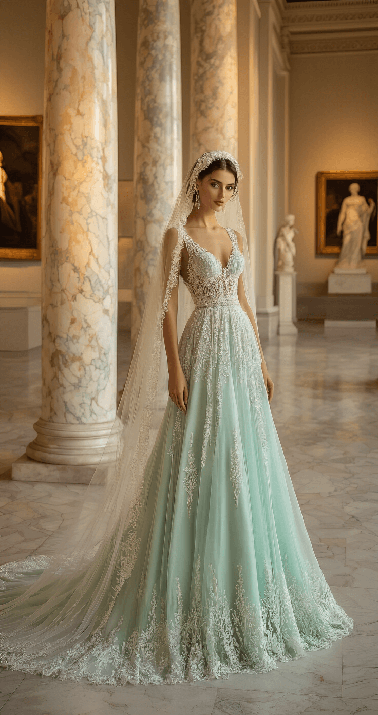 Bridal portrait in a museum's classical architecture wing at golden hour, showcasing a mint-colored vintage-inspired wedding dress with art deco beadwork and cathedral veil, amidst marble columns and period artwork, highlighting the blend of historical elegance and contemporary bridal fashion.