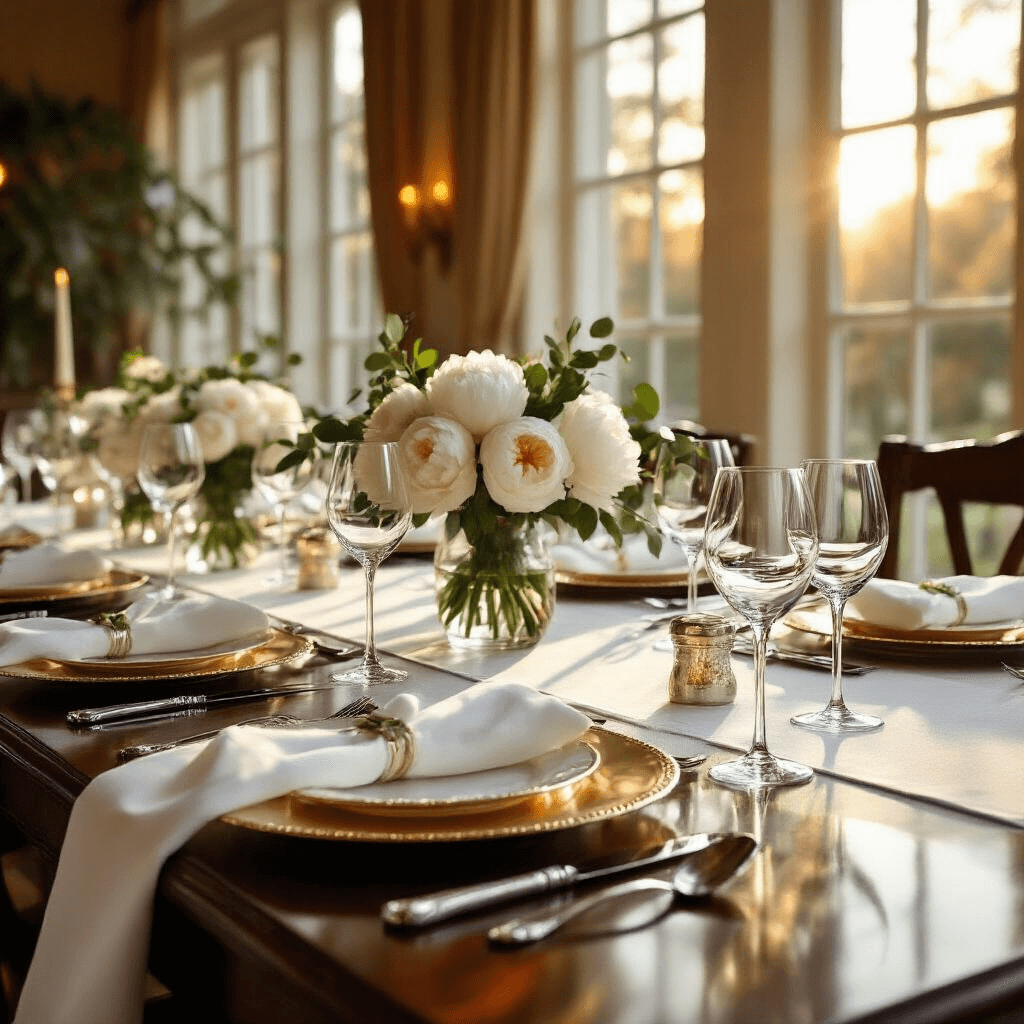 Wide-angle shot of an elegant indoor dining room at golden hour, featuring a formal dinner table with white linen, champagne gold charger plates, polished silverware, and low glass vases of white peonies and eucalyptus as centerpieces.