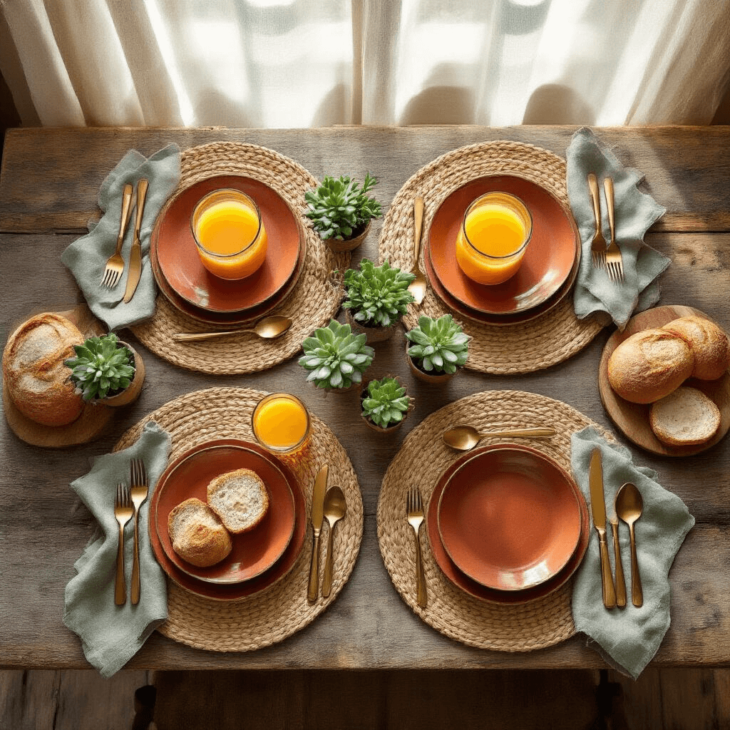 Close-up overhead view of a casual weekend table setting featuring terracotta dinner plates on woven placemats, brass flatware, amber glass juice glasses, sage green linen napkins, small potted succulents, rustic wooden bread plates with sourdough rolls, and a reclaimed wood farmhouse table, all bathed in soft morning light.