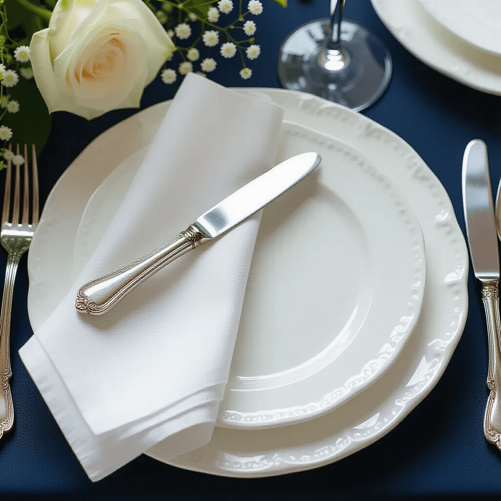 Elegant bread plate and napkin styling in soft afternoon light, featuring a white scalloped bread plate, silver butter knife, and crisp white napkin on deep navy table linens, surrounded by fresh white roses and baby's breath.