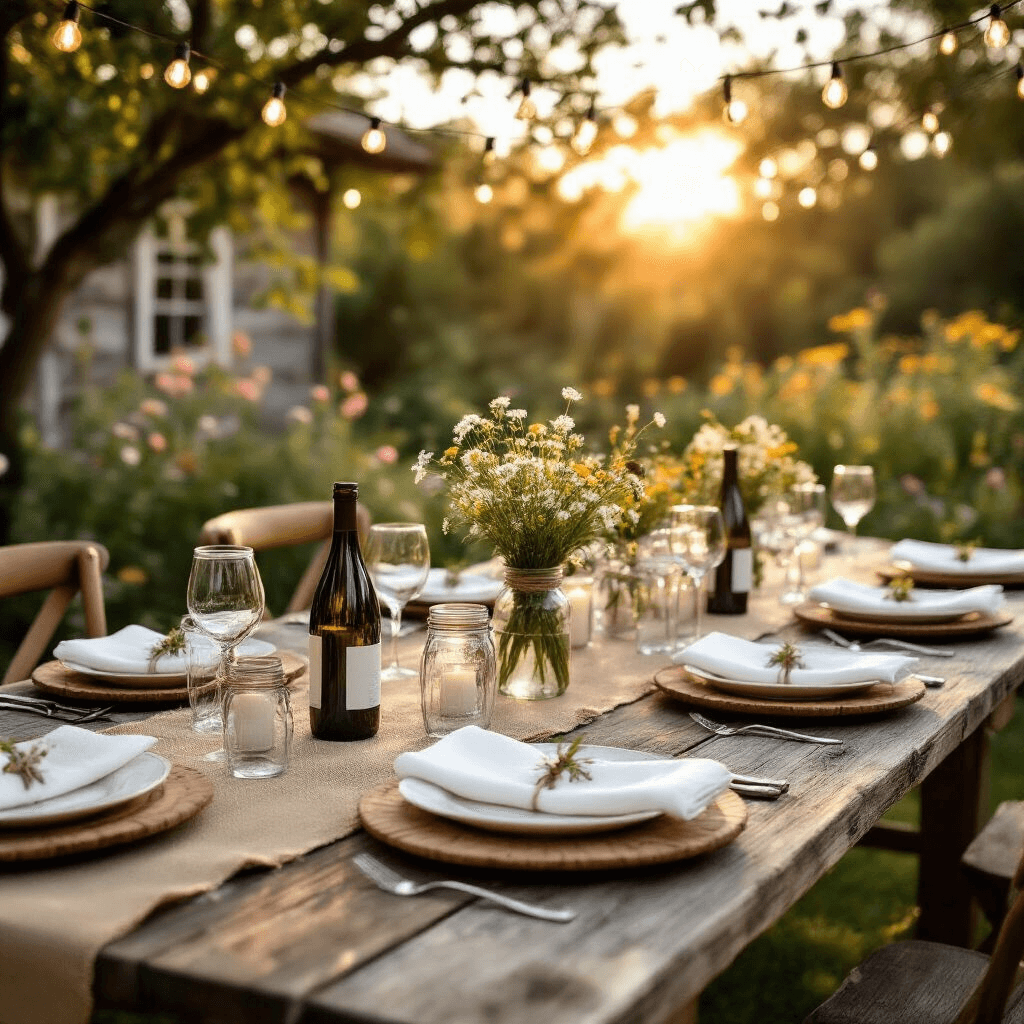 A rustic outdoor dinner party setup at golden hour, featuring a wooden farmhouse table adorned with mason jars, wine bottles, white ceramic plates, and silver flatware, complemented by burlap runners, ivory napkins, and wildflower bouquets, all under twinkling string lights amidst lush greenery and blooming flowers.