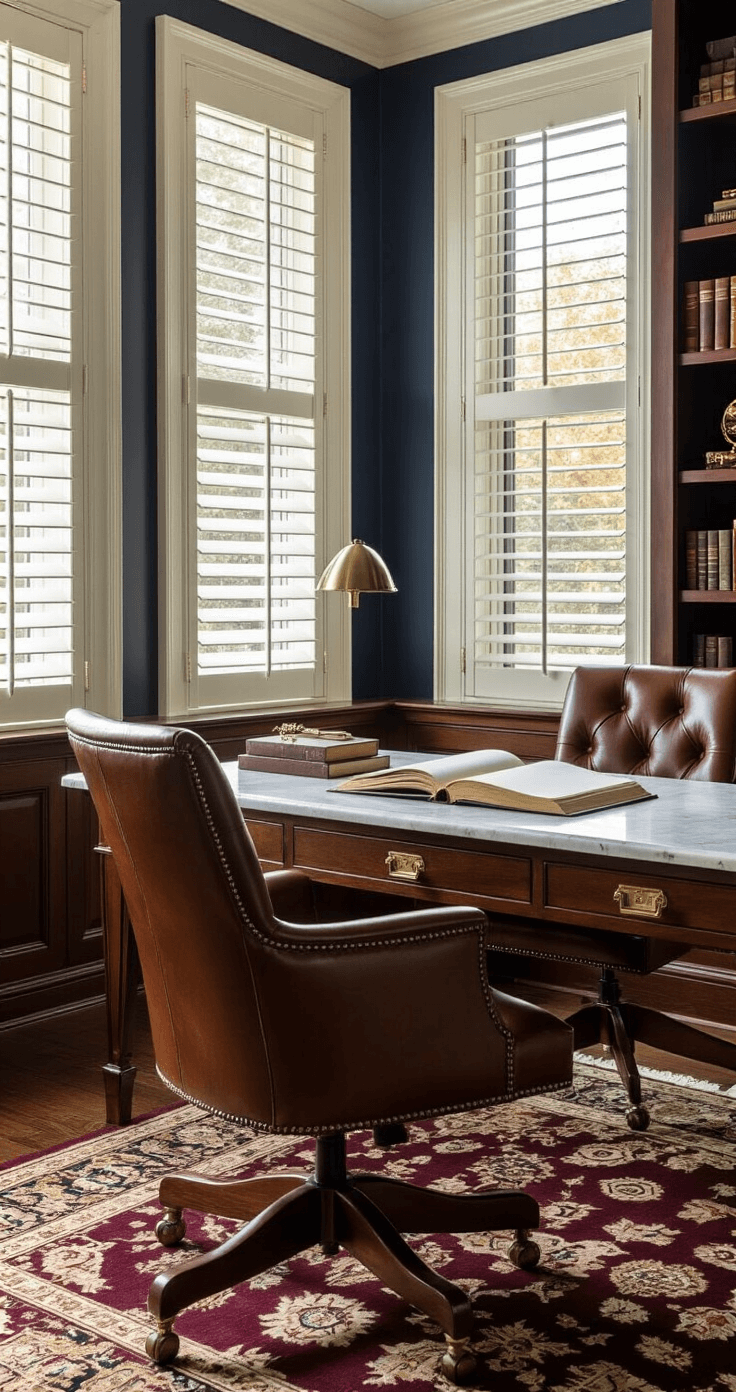 Your Complete Guide to Writing the Perfect Best Man Speech (Even If You Hate Public Speaking) Sophisticated home office featuring dark walnut shelves, brass hardware, and a marble-topped desk with a leather-bound notebook and vintage pen, bathed in golden afternoon light.