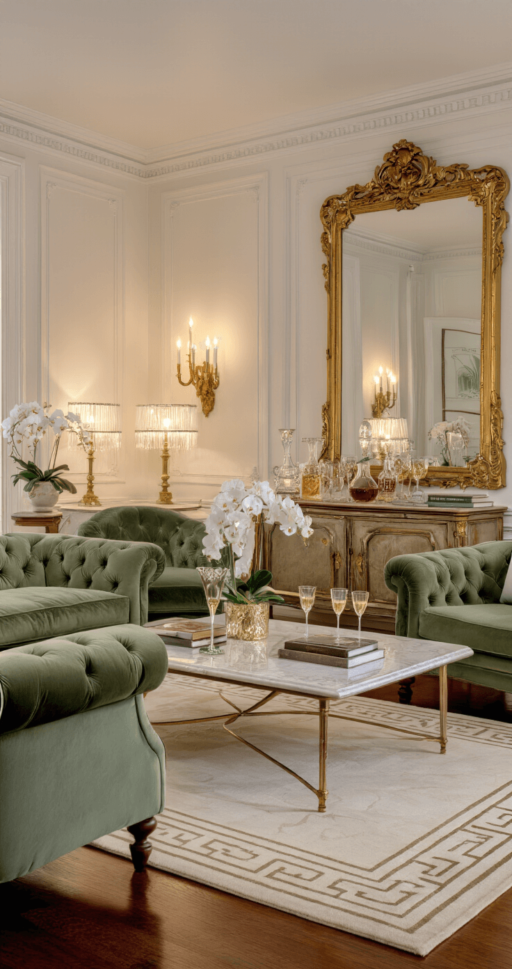 Your Complete Guide to Writing the Perfect Best Man Speech (Even If You Hate Public Speaking) Elegant living room with tufted sage green sofa and matching armchairs, marble coffee table, ornate gold-framed mirror, warm ambient lighting, hardwood floors, cream area rug, and decorations including white orchids and vintage decanters, evoking a refined celebration atmosphere.