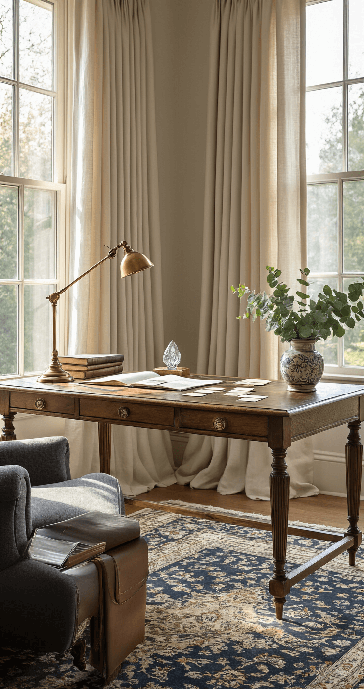 Your Complete Guide to Writing the Perfect Best Man Speech (Even If You Hate Public Speaking) Close-up view of a luxurious study corner with a vintage oak writing desk, illuminated by an antique brass lamp, surrounded by leather-bound books, index cards, and a fountain pen, all bathed in soft morning light. A wingback chair and fresh eucalyptus add to the serene atmosphere.