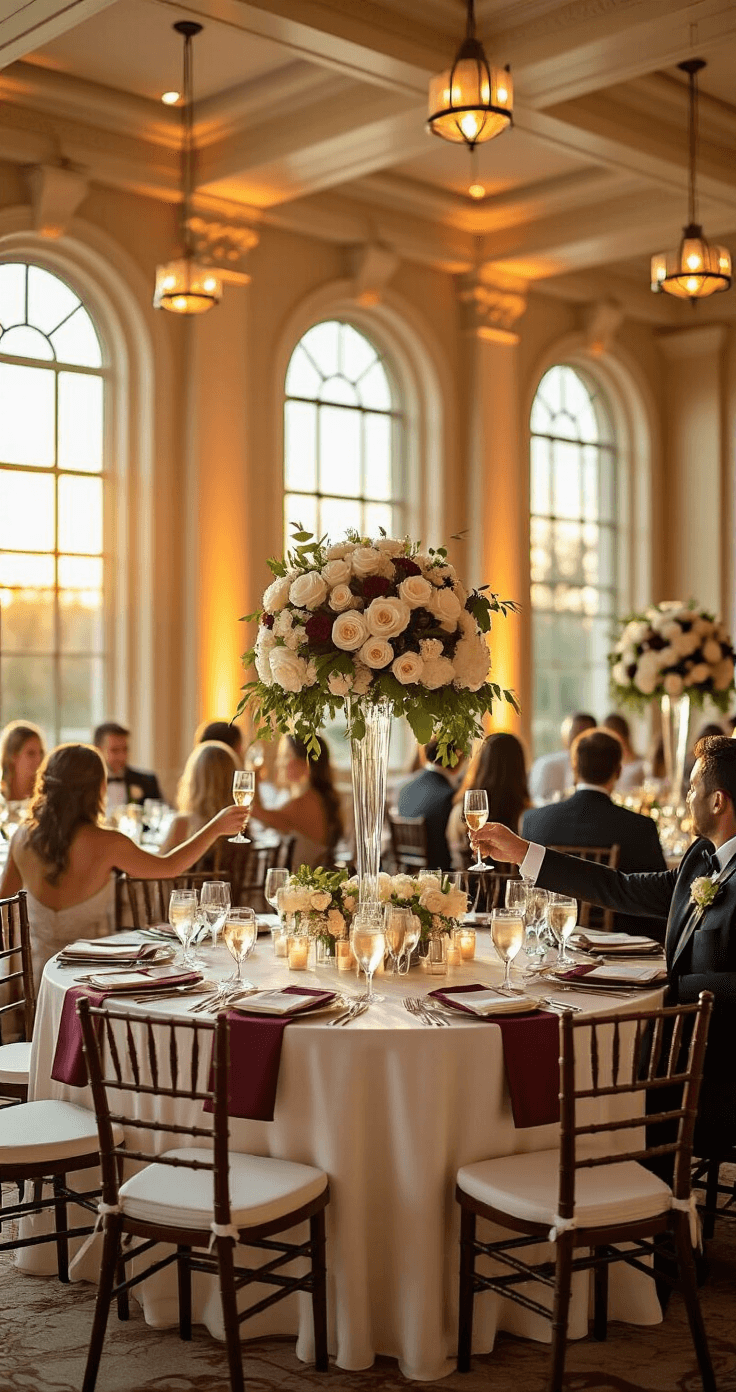 Wedding Toasts That Actually Matter: How I Learned to Speak From the Heart Without Embarrassing Anyone A wide-angle shot of an elegant wedding reception ballroom during golden hour, featuring round tables with ivory linens and burgundy runners, tall centerpieces of white roses and eucalyptus, mahogany chiavari chairs, and guests in formal attire toasting with champagne flutes, all bathed in warm amber light from tall arched windows.