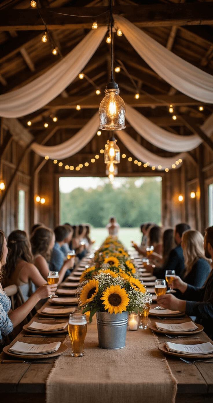 Wedding Toasts That Actually Matter: How I Learned to Speak From the Heart Without Embarrassing Anyone Close-up of a rustic barn wedding venue at twilight, featuring wooden beams, string lights, and mason jar lanterns, with farm tables adorned with burlap runners and floral centerpieces, vintage chairs, and guests in semi-formal attire raising glasses, all set against weathered wood walls and flowing drapes, illuminated by warm Edison bulbs.
