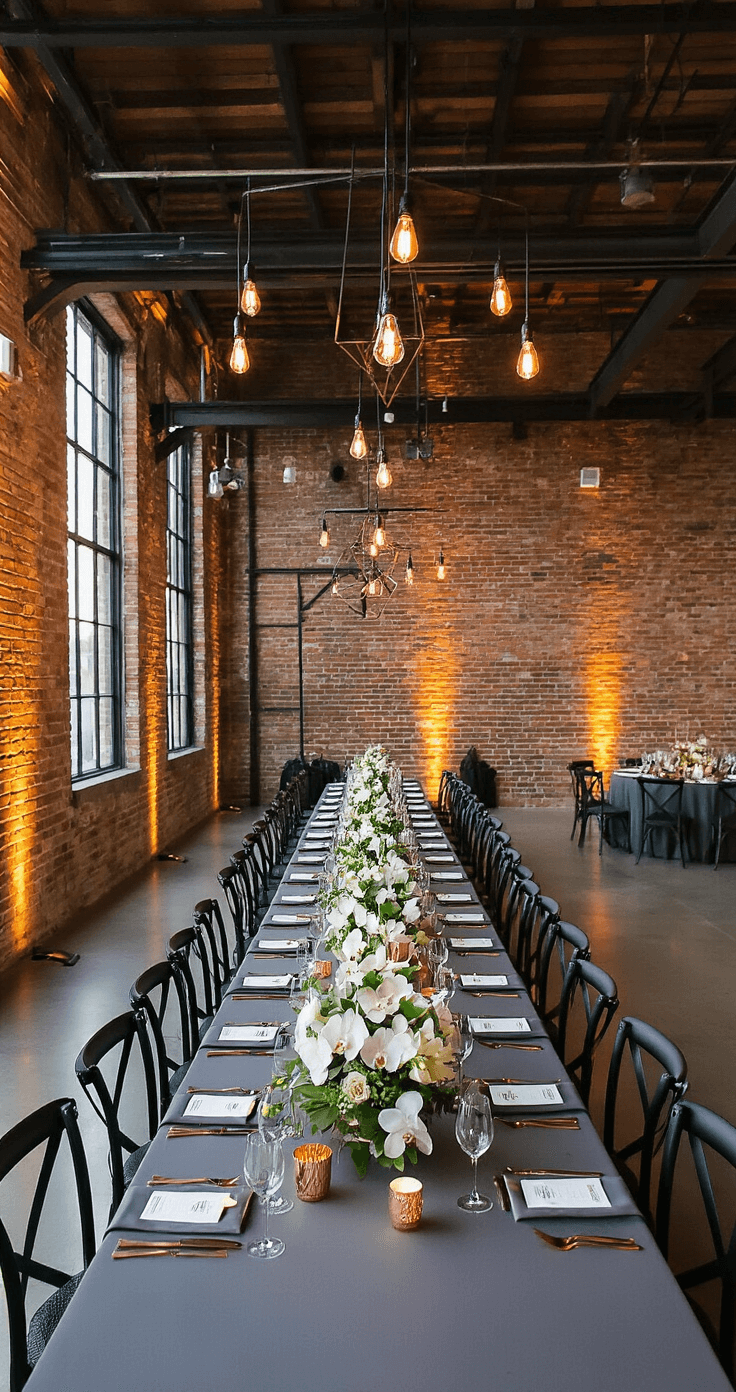 Wedding Toasts That Actually Matter: How I Learned to Speak From the Heart Without Embarrassing Anyone Interior view of a modern industrial wedding venue with exposed brick walls, black steel beams, and polished concrete floors, featuring long tables in charcoal gray linens adorned with copper geometric centerpieces, black cross-back chairs, contemporary dressed guests, and warm uplighting illuminating the space.