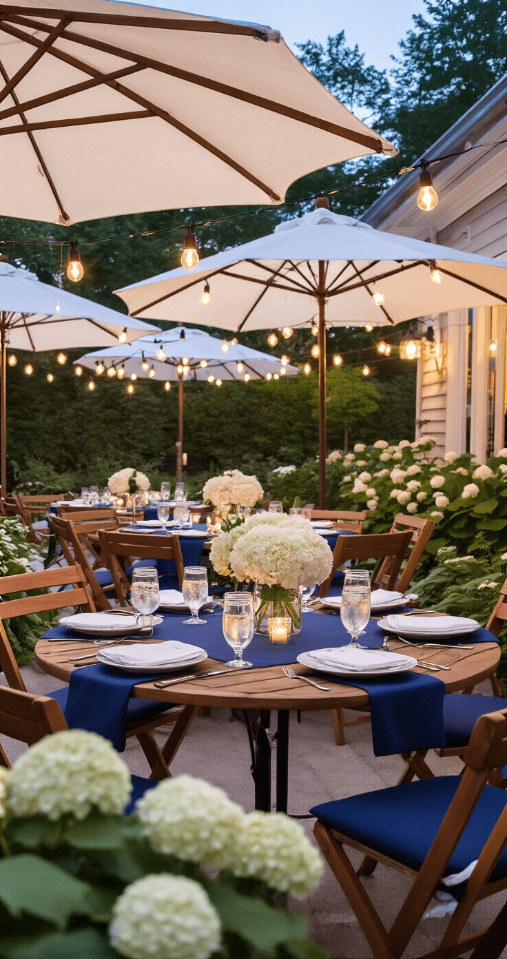 Wedding Toasts That Actually Matter: How I Learned to Speak From the Heart Without Embarrassing Anyone Close-up of a cozy backyard wedding reception at dusk, featuring a covered patio with market umbrellas and twinkling cafe lights, small round tables with navy runners and white hydrangea centerpieces, and guests in casual elegant attire raising mason jars of cocktails amidst a beautiful garden backdrop.
