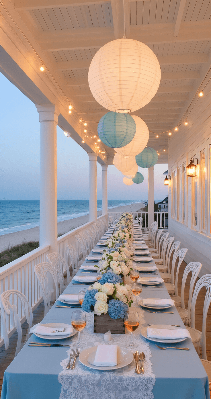 Wedding Toasts That Actually Matter: How I Learned to Speak From the Heart Without Embarrassing Anyone Wide interior shot of a beach house wedding reception at twilight, featuring long tables with blue linens and white lace, white resin chairs, and centerpieces of white roses and blue hydrangeas, illuminated by paper lanterns and string lights, with ocean views in the background.