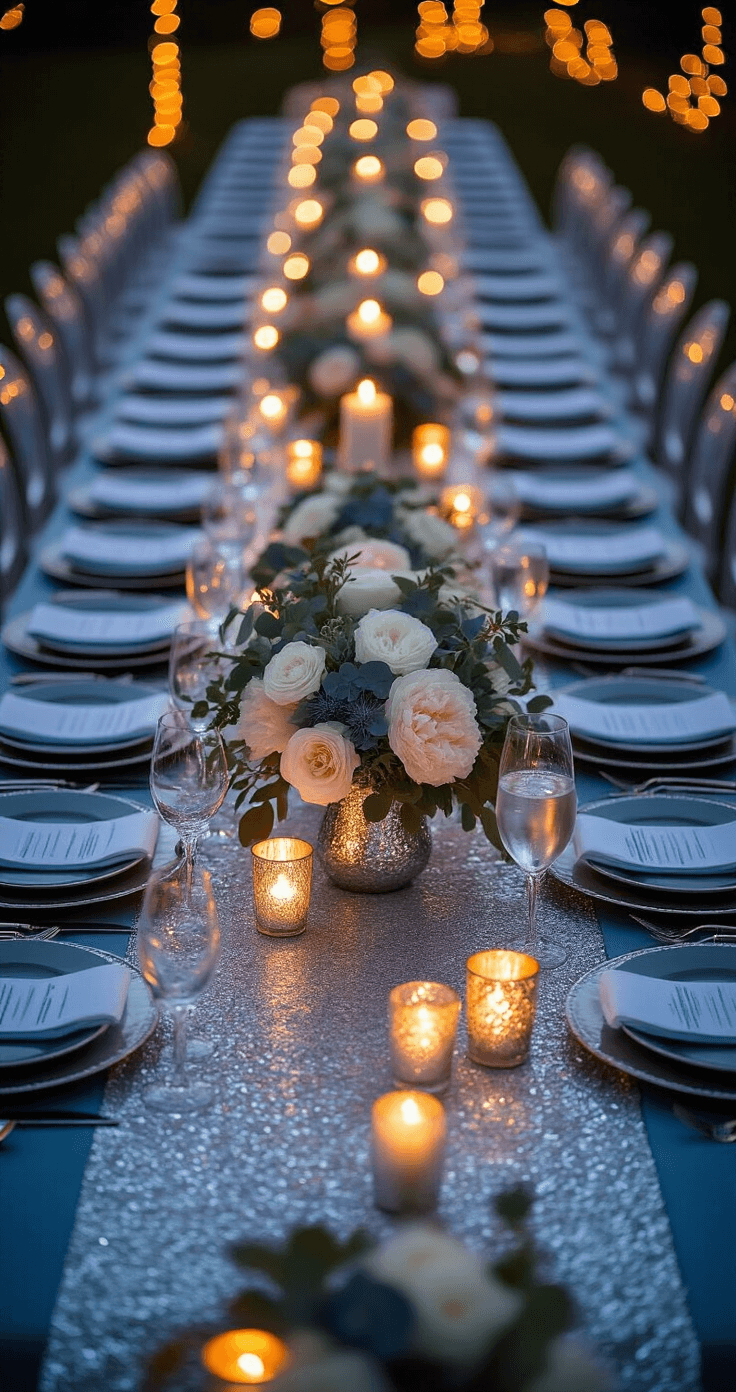 Ice blue and silver wedding color schemes Elegant wedding reception tablescape featuring layered ice blue linens, shimmering silver runners, and low floral centerpieces in mercury glass, illuminated by candlelight and surrounded by ghost chairs, with soft bokeh from string lights in the background.