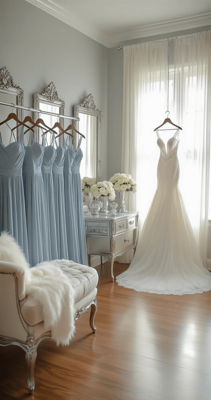 Ice blue and silver wedding color schemes Sophisticated bridal suite interior with dove gray walls, silver-framed mirrors, ice blue chiffon dresses on a silver rack, vintage mercury glass vanity with jewelry, plush cream velvet settee with faux fur throws, fresh white roses and silver brunia in crystal vases on marble, and the bride's gown backlit by morning light filtering through sheer curtains.