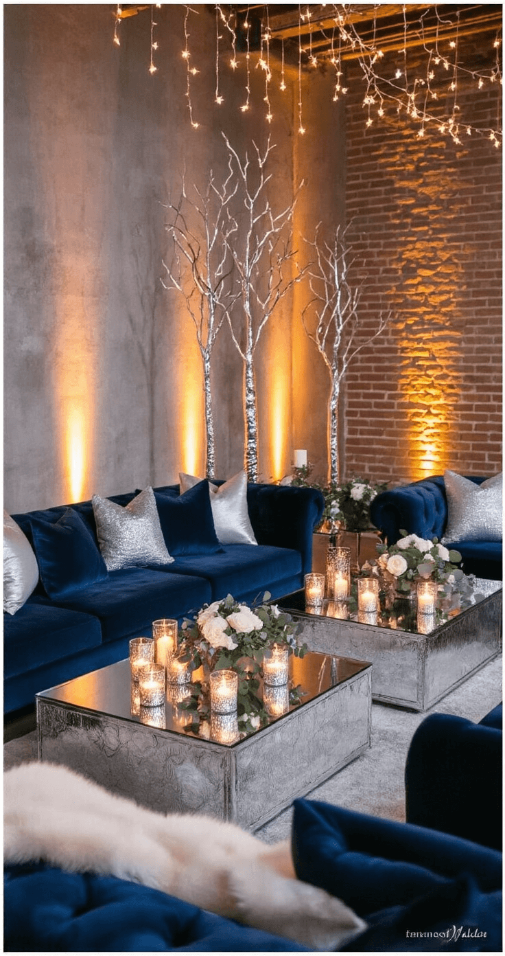 Ice blue and silver wedding color schemes Intimate wedding lounge area with navy velvet sofas, silver throw pillows, mercury glass coffee tables, and warm ambient lighting from candles and string lights, creating a romantic atmosphere with eucalyptus and white roses against exposed brick walls.