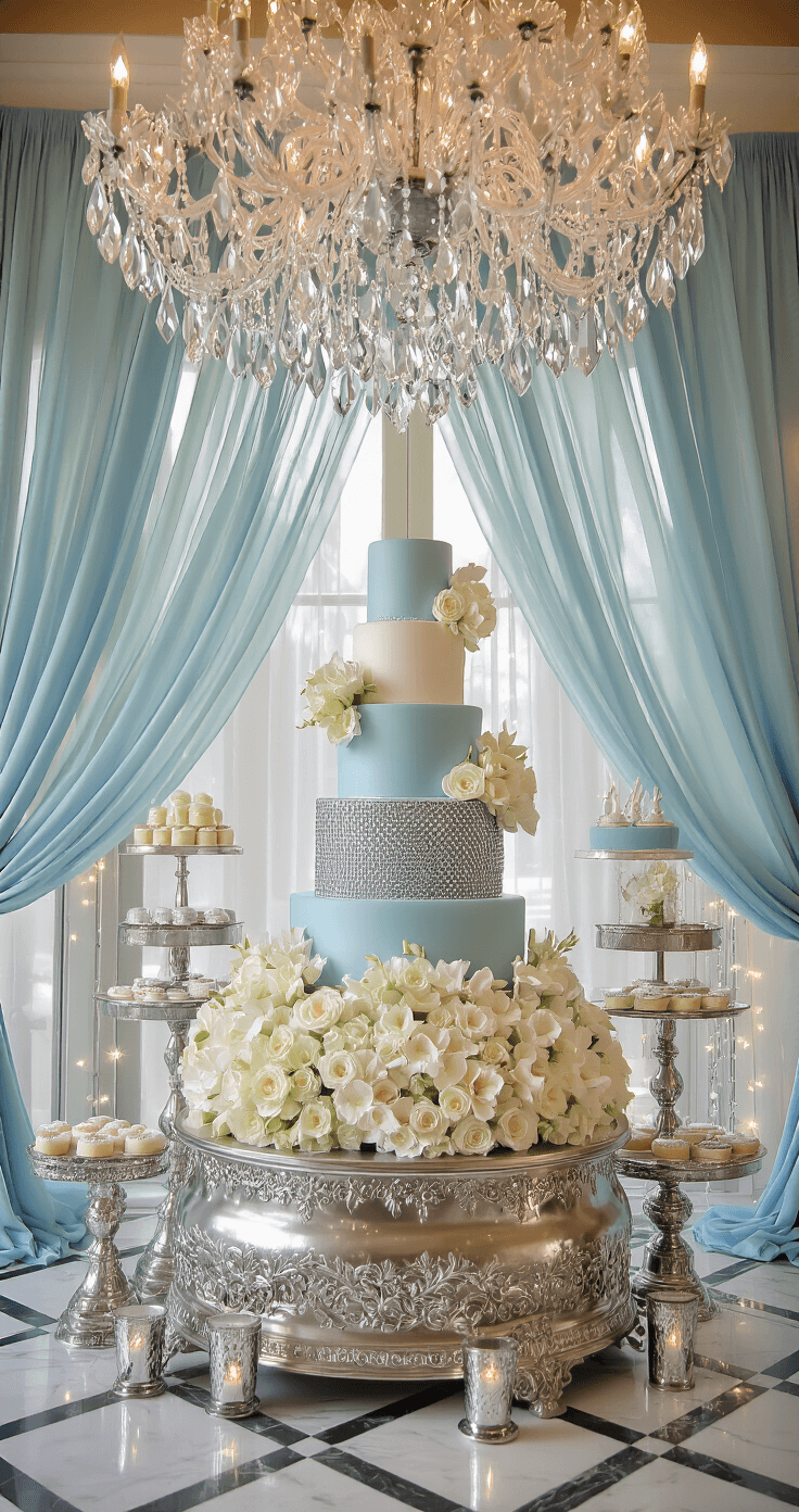 Ice blue and silver wedding color schemes A towering four-tier ice blue wedding cake with silver accents is elegantly displayed on a silver pedestal, surrounded by white flowers and silver brunia, set against flowing chiffon and sequined backdrops, illuminated by crystal chandeliers and soft string lights, creating a luxurious dessert station ambiance.