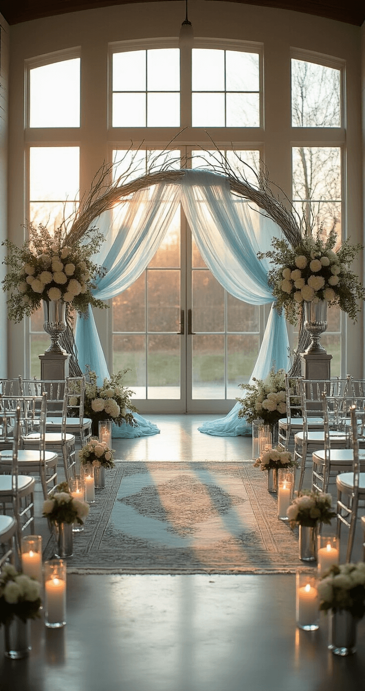 Ice blue and silver wedding color schemes Romantic ceremony altar adorned with a circular silver branch arch draped in ice blue chiffon, surrounded by white hydrangeas and eucalyptus in oversized urns, illuminated by pillar candles, set against a backdrop of sunset through floor-to-ceiling windows.
