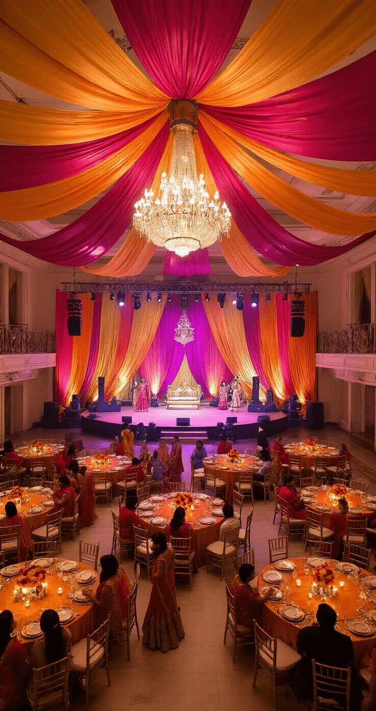 Indian Wedding Traditions: Everything You Need to Know About These Sacred Ceremonies Transformed grand ballroom filled with vibrant colors and elegant decor for a Sangeet ceremony, featuring draped silk ceilings, a well-lit stage, round tables with gold Chiavari chairs, and guests in traditional attire, all captured from a balcony level during evening festivities.