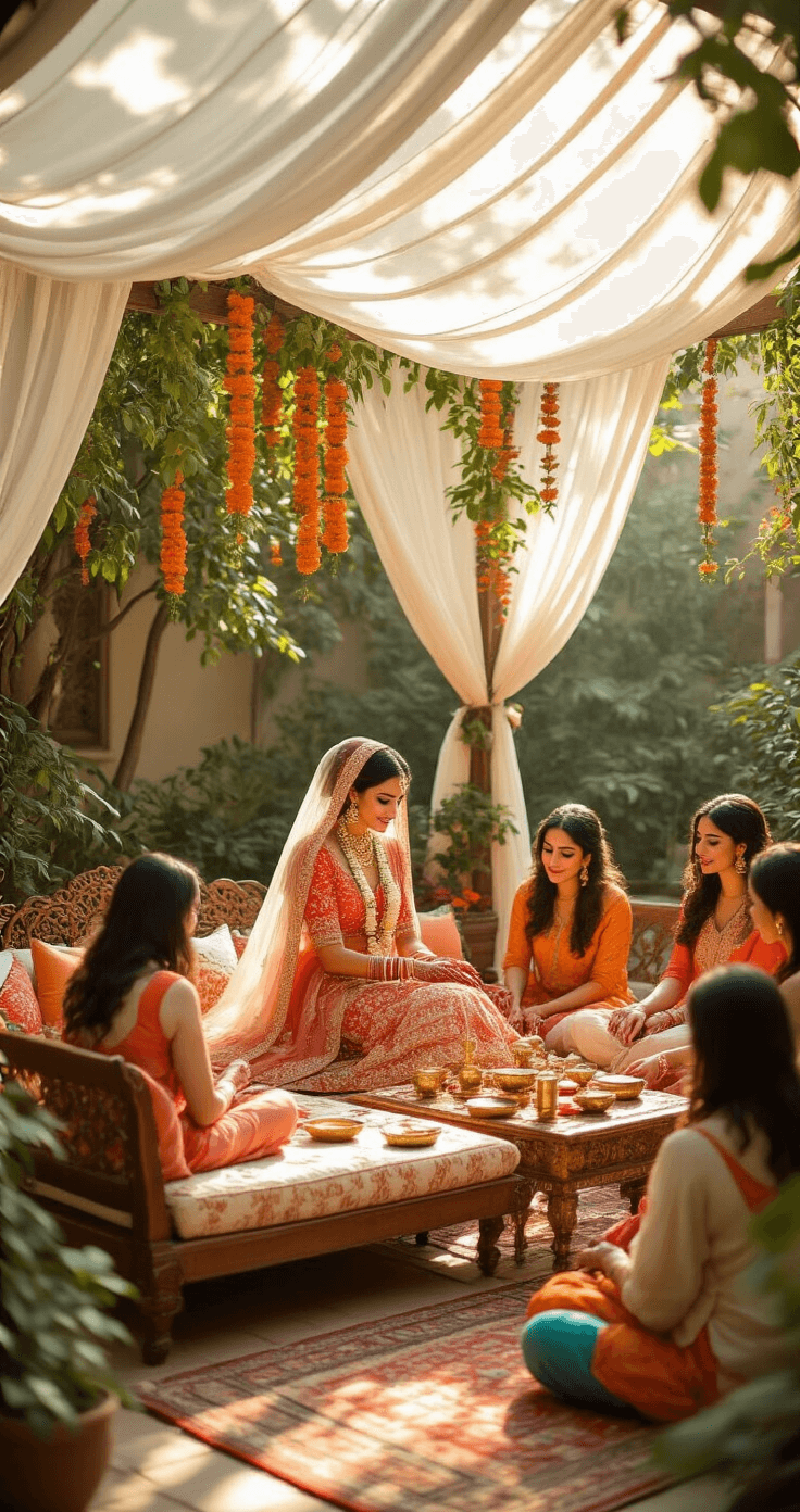 Indian Wedding Traditions: Everything You Need to Know About These Sacred Ceremonies Intimate Mehendi ceremony in a courtyard, featuring a bride on a wooden daybed with silk cushions, as a henna artist decorates her hands. Surrounded by female relatives on colorful cushions, low tables with henna supplies, and adorned with jasmine and marigold, all illuminated by warm golden hour light.