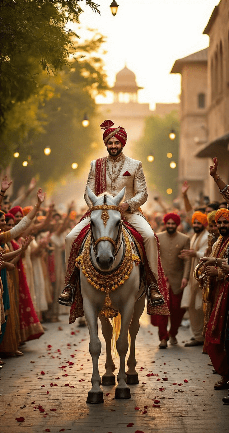 Indian Wedding Traditions: Everything You Need to Know About These Sacred Ceremonies A vibrant Baraat procession features a decorated white horse carrying a groom in a cream silk sherwani, surrounded by a joyful wedding party in colorful attire, dancing and celebrating on a tree-lined street at sunset, with historic architecture and twinkling string lights in the background.
