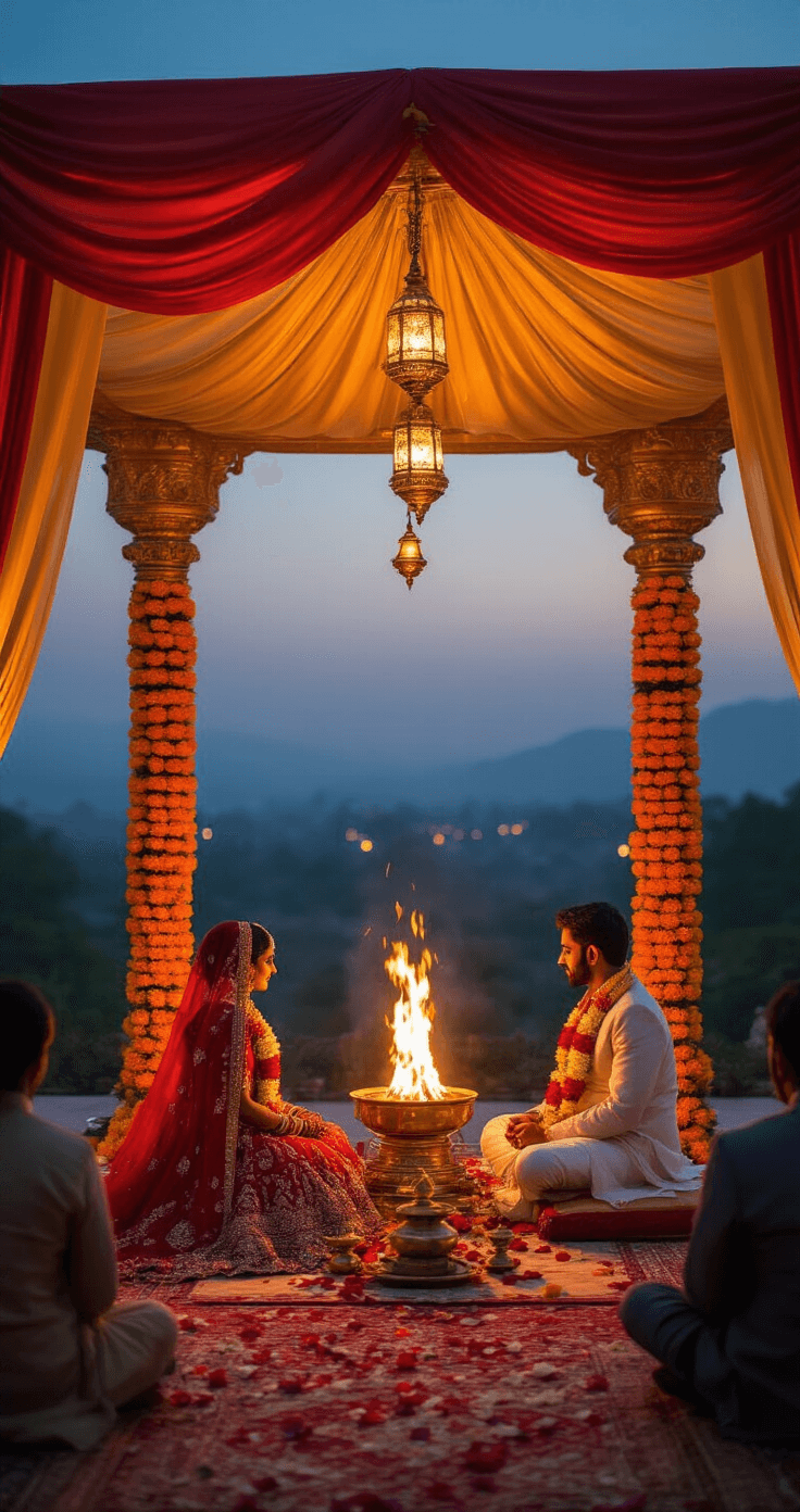 Indian Wedding Traditions: Everything You Need to Know About These Sacred Ceremonies A sacred Mandap ceremony at twilight, featuring a bride in a red lehenga and groom in an ivory sherwani sitting on silk cushions before a central sacred fire. Ornate pillars draped in deep red and gold silk, surrounded by family on silk rugs, with brass lamps and scattered rose petals enhancing the intimate, spiritual atmosphere.