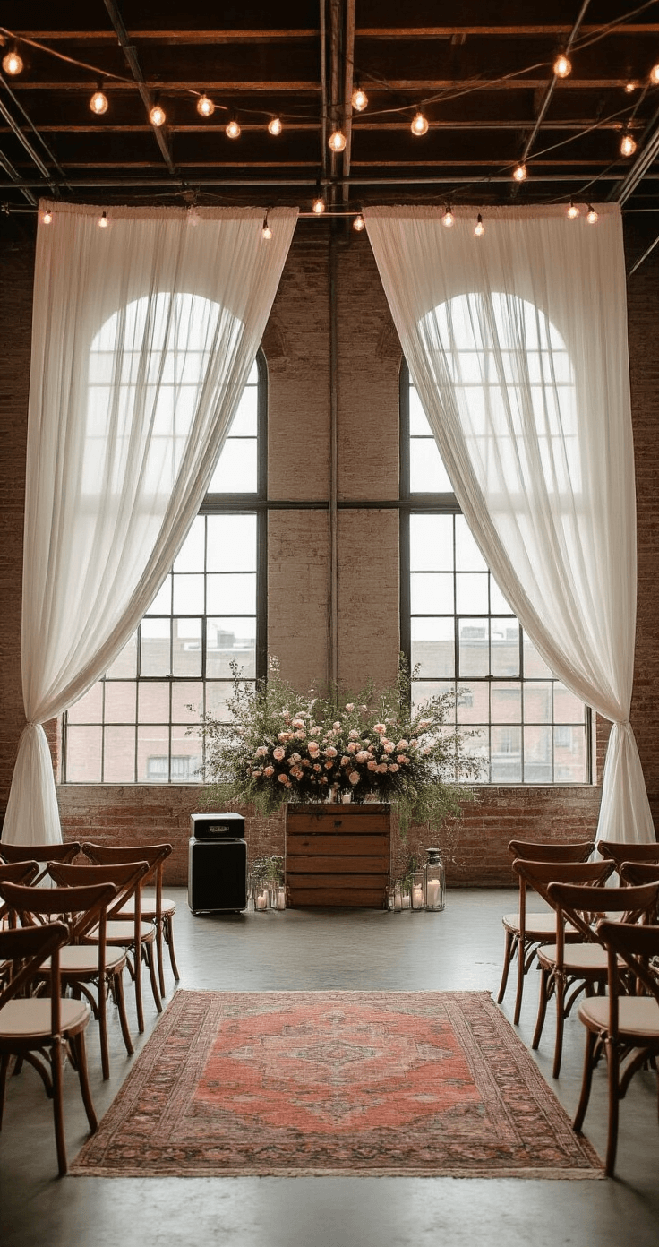 Your Ultimate Guide to Indie Wedding Songs That'll Make Everyone Cry (Happy Tears, Obviously) Wide-angle view of an indie-style wedding ceremony in a converted warehouse loft, featuring exposed beams, vintage chairs, and a simple wildflower altar, with natural light streaming through arched windows and string lights overhead.