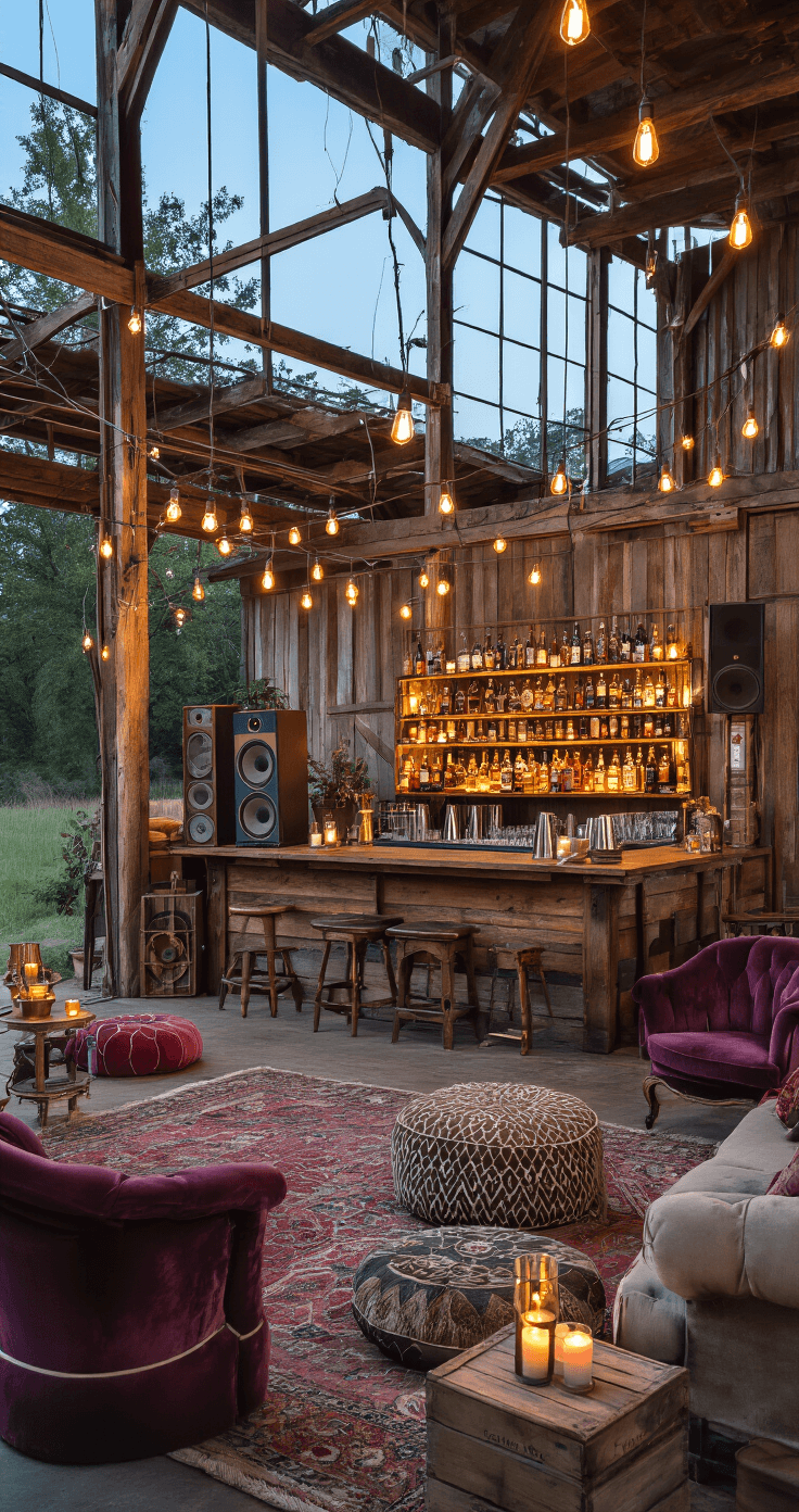 Your Ultimate Guide to Indie Wedding Songs That'll Make Everyone Cry (Happy Tears, Obviously) Close-up of a rustic cocktail hour setup in a converted barn, featuring a reclaimed wood bar with brass fixtures, eclectic seating in jewel tones, craft cocktails on antique side tables, and ambient lighting from Edison bulbs and mismatched candles, all enhancing the cozy atmosphere during twilight.