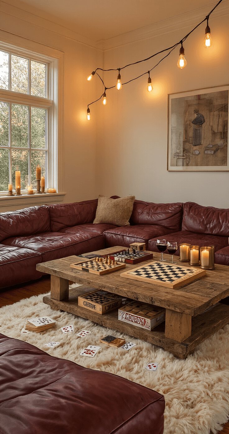 Indoor Date Ideas That'll Make You Fall in Love with Staying Home Photorealistic cozy living room during golden hour, featuring a plush cream rug, reclaimed wood coffee table, oversized burgundy leather cushions, and classic board games like Monopoly and Scrabble, with warm amber lighting from Edison bulbs and candles, all captured in a low three-quarter angle with a shallow depth of field.