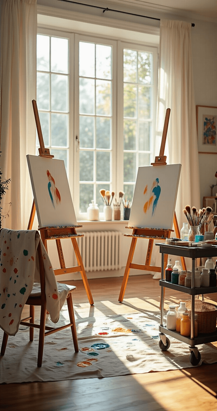 Indoor Date Ideas That'll Make You Fall in Love with Staying Home Photorealistic living room transformed into a creative studio, featuring two easels with blank canvases, colorful paint splatters on drop cloths, a rolling cart of art supplies, and bright natural light from floor-to-ceiling windows.