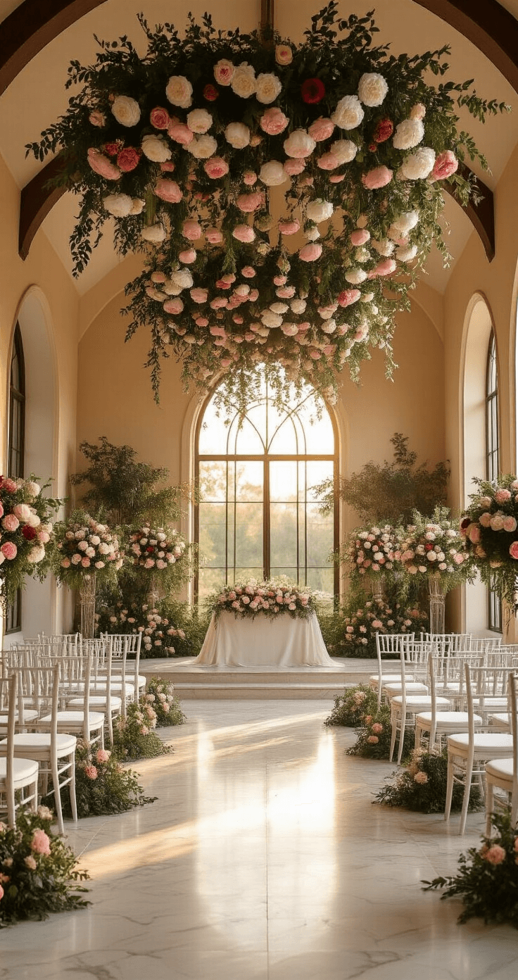 Transform Your Indoor Wedding Into Pure Magic: The Ultimate Decoration Guide Wide-angle view of an enchanting wedding ceremony space with floating floral installations of peonies, eucalyptus, and white roses hanging from a 15-foot cathedral ceiling, warm golden hour light streaming through arched windows, and elegant chiavari chairs on polished marble flooring, creating an intimate and grand atmosphere.