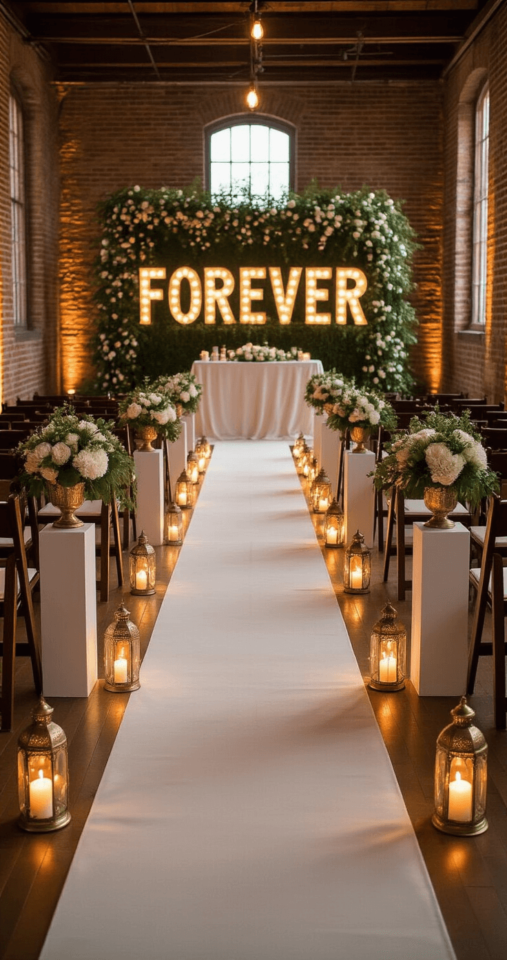 Transform Your Indoor Wedding Into Pure Magic: The Ultimate Decoration Guide Dramatic low-angle view of a romantic wedding aisle illuminated by glowing mason jar fairy lights and brass lanterns, leading to a lavish altar with 'FOREVER' marquee letters and lush floral arrangements, set in a vintage ballroom with hardwood floors and exposed brick walls, creating an intimate twilight ambiance.
