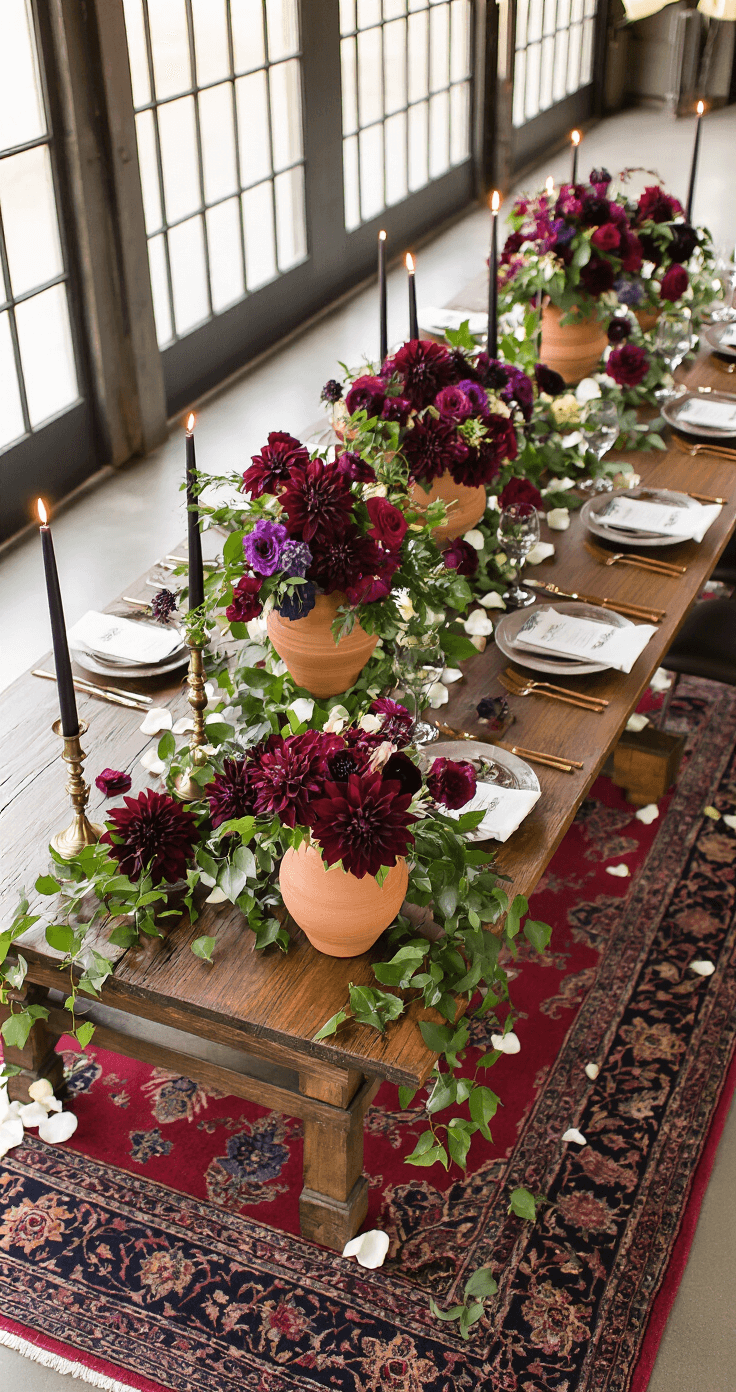 Transform Your Indoor Wedding Into Pure Magic: The Ultimate Decoration Guide Elegant overhead view of a luxurious wedding tablescape featuring terracotta vessels with burgundy dahlias and deep purple roses, set on long mahogany farm tables with white rose petals, black taper candles, and vintage brass lamps, all bathed in golden hour light.