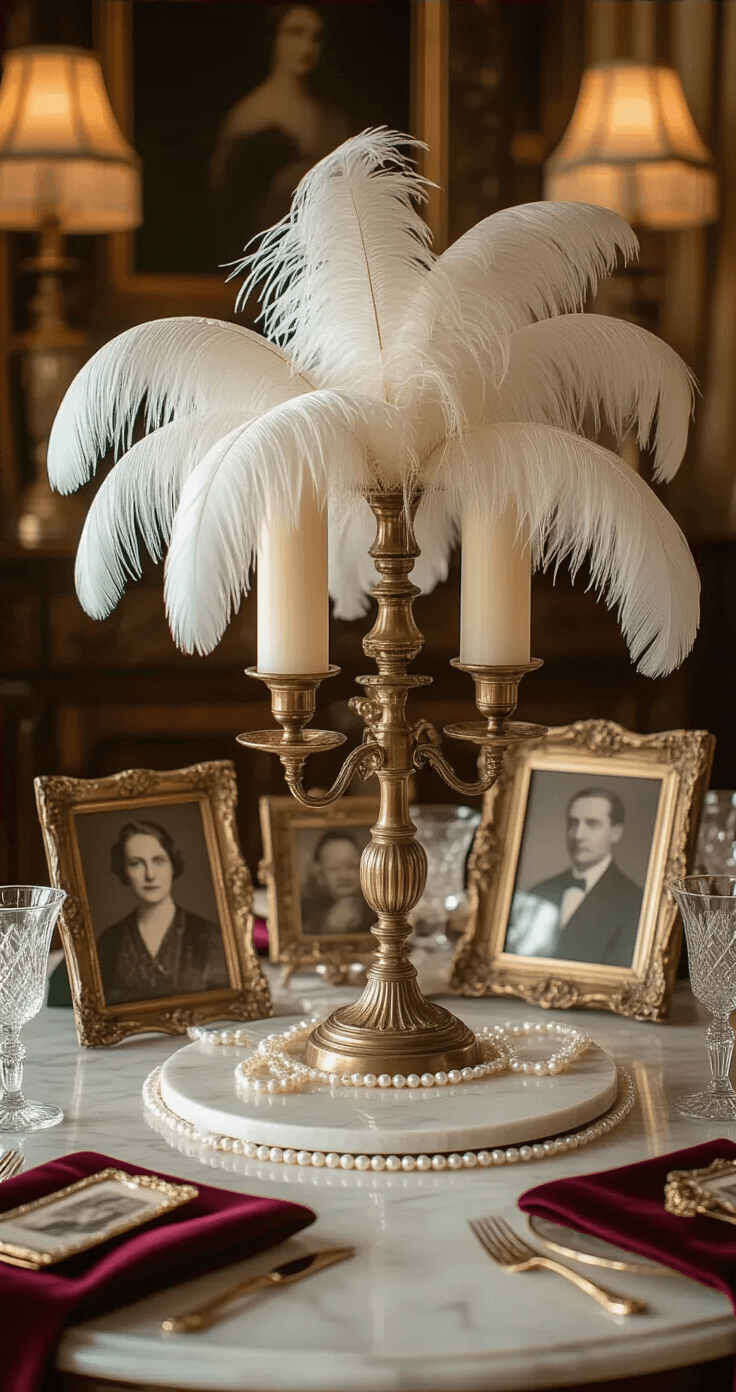 Transform Your Indoor Wedding Into Pure Magic: The Ultimate Decoration Guide Intimate close-up of a vintage glamour wedding vignette featuring Art Deco decor, including antique brass candelabras with ivory candles, white ostrich feathers, vintage pearls, ornate picture frames with sepia photos, and crystal champagne coupes, all enhanced by burgundy velvet and gold satin fabrics, under soft, diffused lighting.