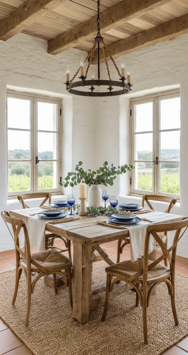 Budget Honeymoon Destinations That Don't Look Like You Pinched Pennies A romantic dining room with whitewashed stone walls and a reclaimed driftwood ceiling, featuring a rustic oak farmhouse table set for two, illuminated by afternoon sunlight through vintage windows, with cream dinnerware, deep blue wine glasses, and eucalyptus candle decor.