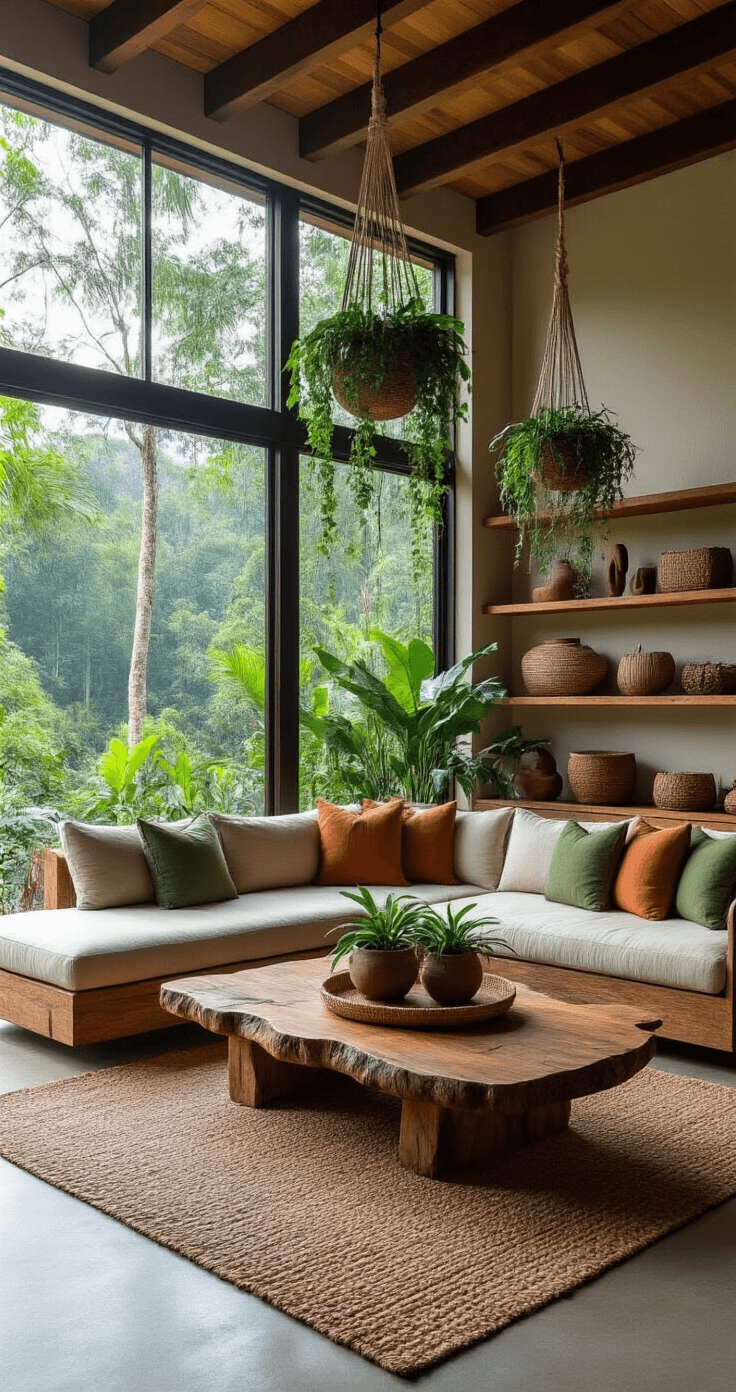 Budget Honeymoon Destinations That Don't Look Like You Pinched Pennies Cozy eco-luxury living room in Costa Rican style, featuring floor-to-ceiling windows with tropical forest views, polished concrete floors, jute rugs, a curved linen sectional, live-edge teak coffee table, hanging macrame planters, and earthy decor in a serene natural lighting ambiance.