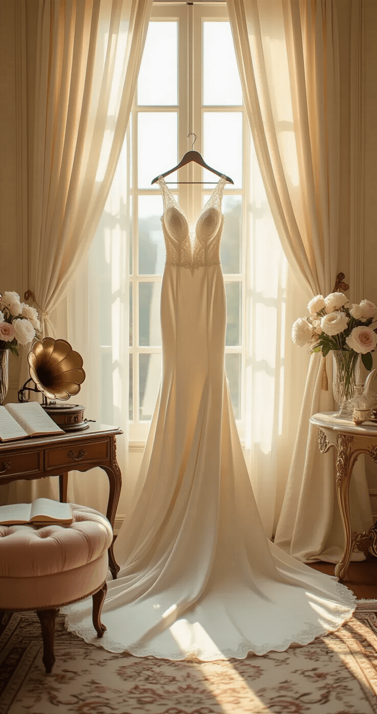 Instrumental Wedding Songs That'll Make Your Guests Cry Happy Tears (In the Best Way) Luxurious bridal suite with an ivory silk wedding dress hanging in soft morning light, featuring cream and champagne tones, a blush pink velvet ottoman, scattered sheet music, delicate peonies in crystal vases, and a vintage gramophone, all captured from a low angle.