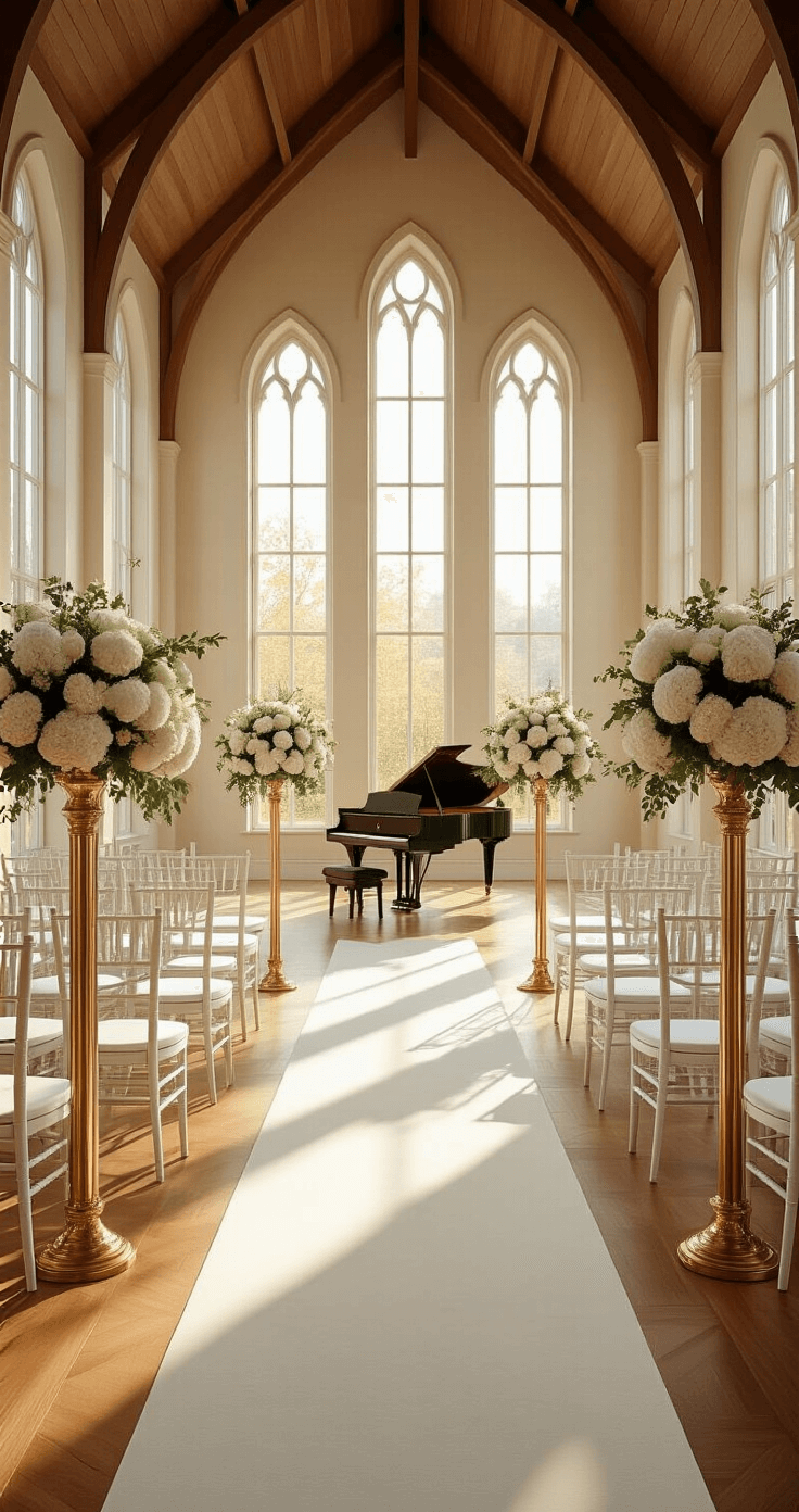 Instrumental Wedding Songs That'll Make Your Guests Cry Happy Tears (In the Best Way) Interior view of an elegant ceremony space featuring rows of white Chiavari chairs alongside a cream carpet aisle, soaring cathedral ceilings with wooden beams, floor-to-ceiling windows, tall gold stands with white hydrangea and eucalyptus arrangements, warm wooden floors, and a gleaming grand piano, captured from the back of the aisle under dramatic backlighting.