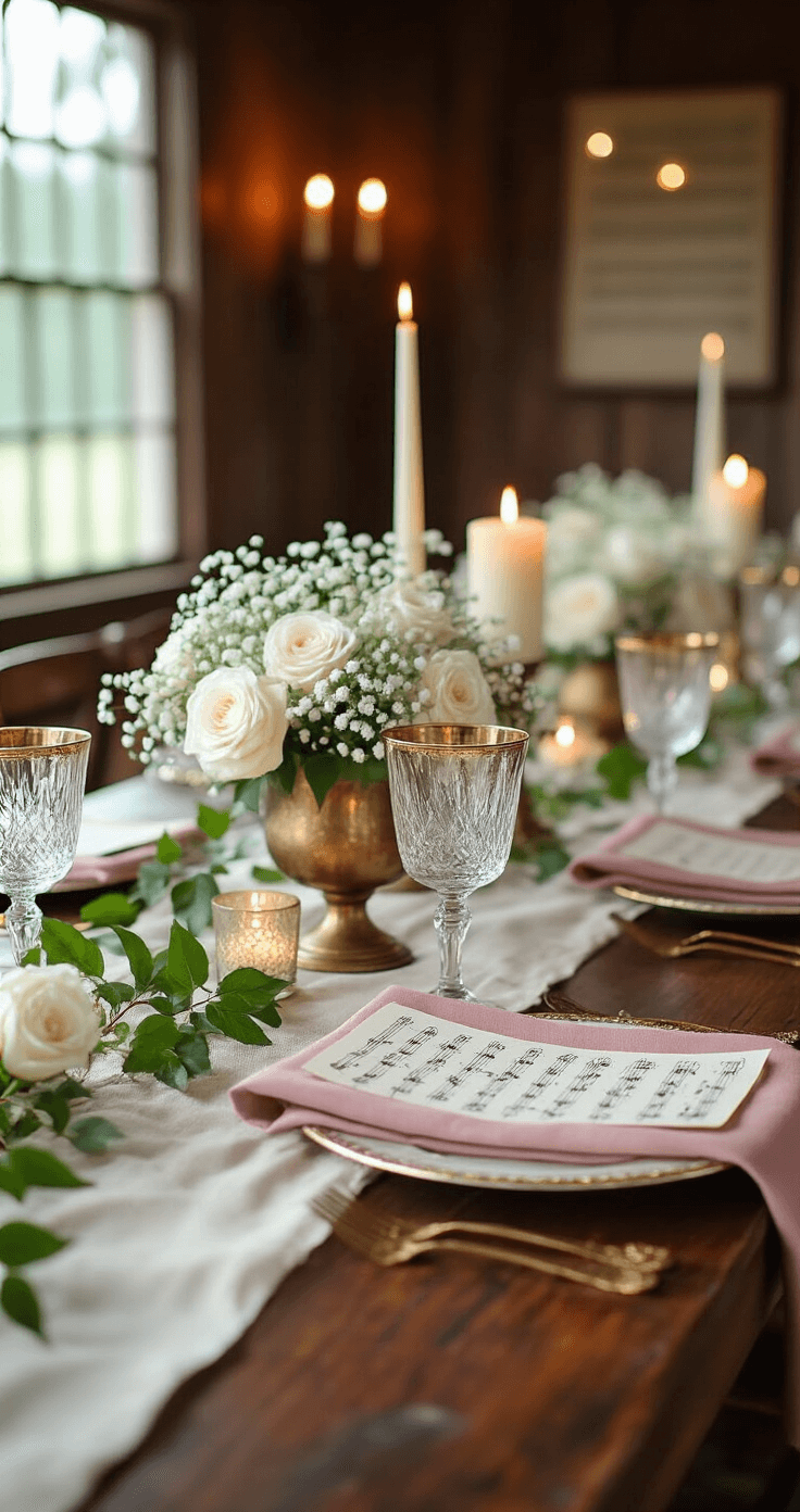 Instrumental Wedding Songs That'll Make Your Guests Cry Happy Tears (In the Best Way) Close-up detail of a reception tablescape featuring ivory linens, dusty rose napkins, gold-rimmed glassware, and scattered sheet music, with vintage brass centerpieces of white roses and ivy, illuminated by warm candlelight and string lights against dark mahogany tables.