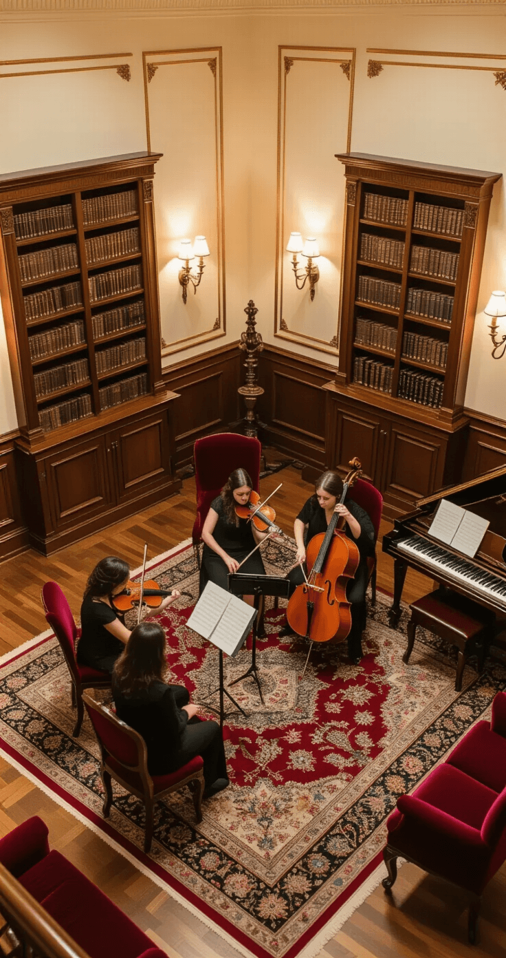 Instrumental Wedding Songs That'll Make Your Guests Cry Happy Tears (In the Best Way) Overhead view of a cozy music room featuring a string quartet setup on an ornate Persian rug, with rich burgundy velvet chairs, mahogany bookshelves, brass sconces providing soft lighting, and a vintage upright piano in the corner, all creating an elegant atmosphere for classical music preparation.