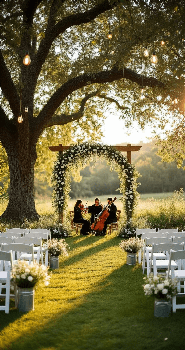 Instrumental Wedding Songs That'll Make Your Guests Cry Happy Tears (In the Best Way) Wide shot of an outdoor wedding ceremony space featuring a wooden arch adorned with white flowers, vintage chairs on green grass, a string quartet beneath an oak tree, and warm golden hour sunlight creating a dreamy atmosphere.