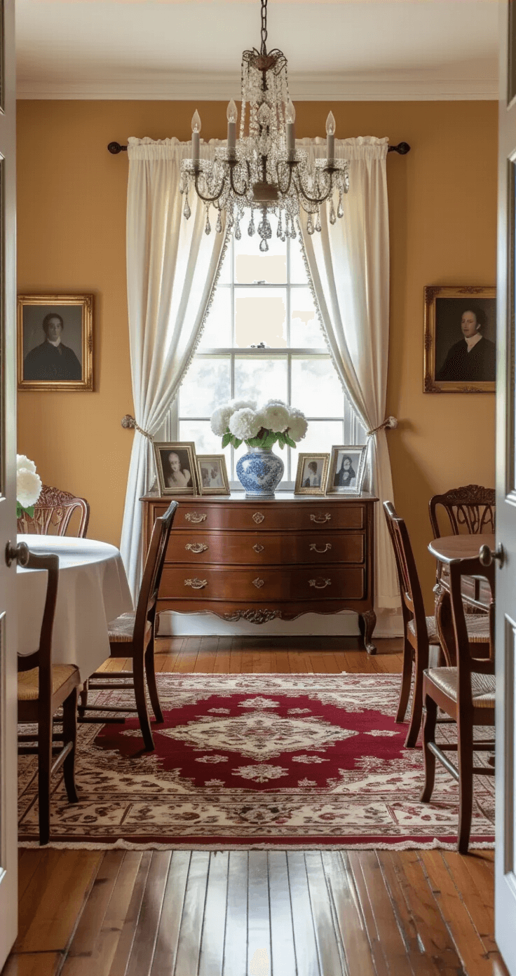 Italian Wedding Songs: Creating Magic with Music That Speaks to the Heart Intimate Italian family dining room set up for a father-daughter dance, featuring warm ochre plastered walls, rich walnut hardwood floors, antique mahogany sideboard with family photos, a Persian rug, and a crystal chandelier, all illuminated by soft natural light filtering through lace curtains.